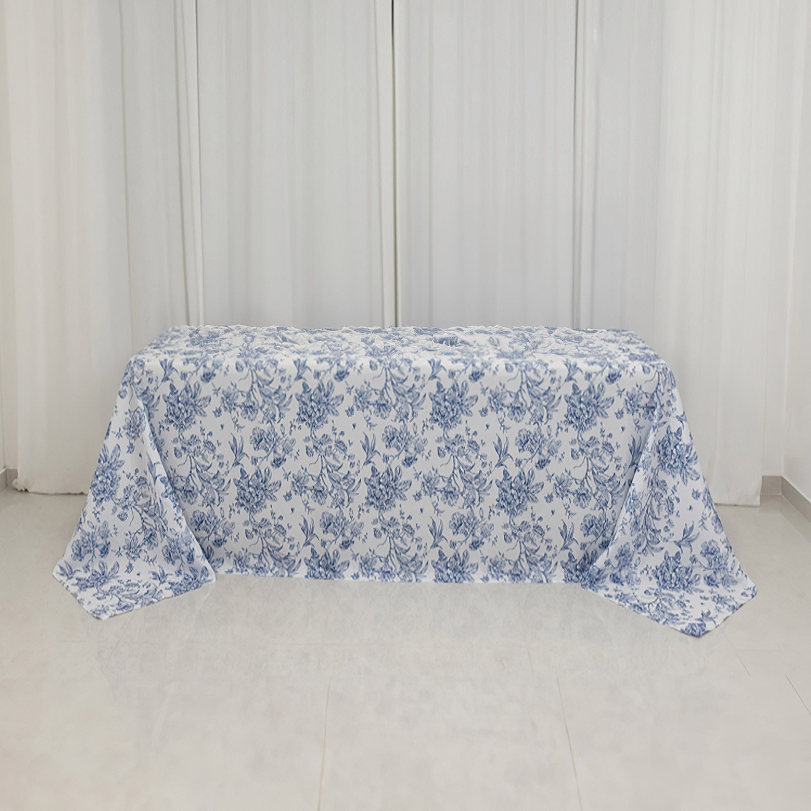 White Polyester Rectangle Tablecloth with Seamless Blue French Toile Pattern for Elegant Events