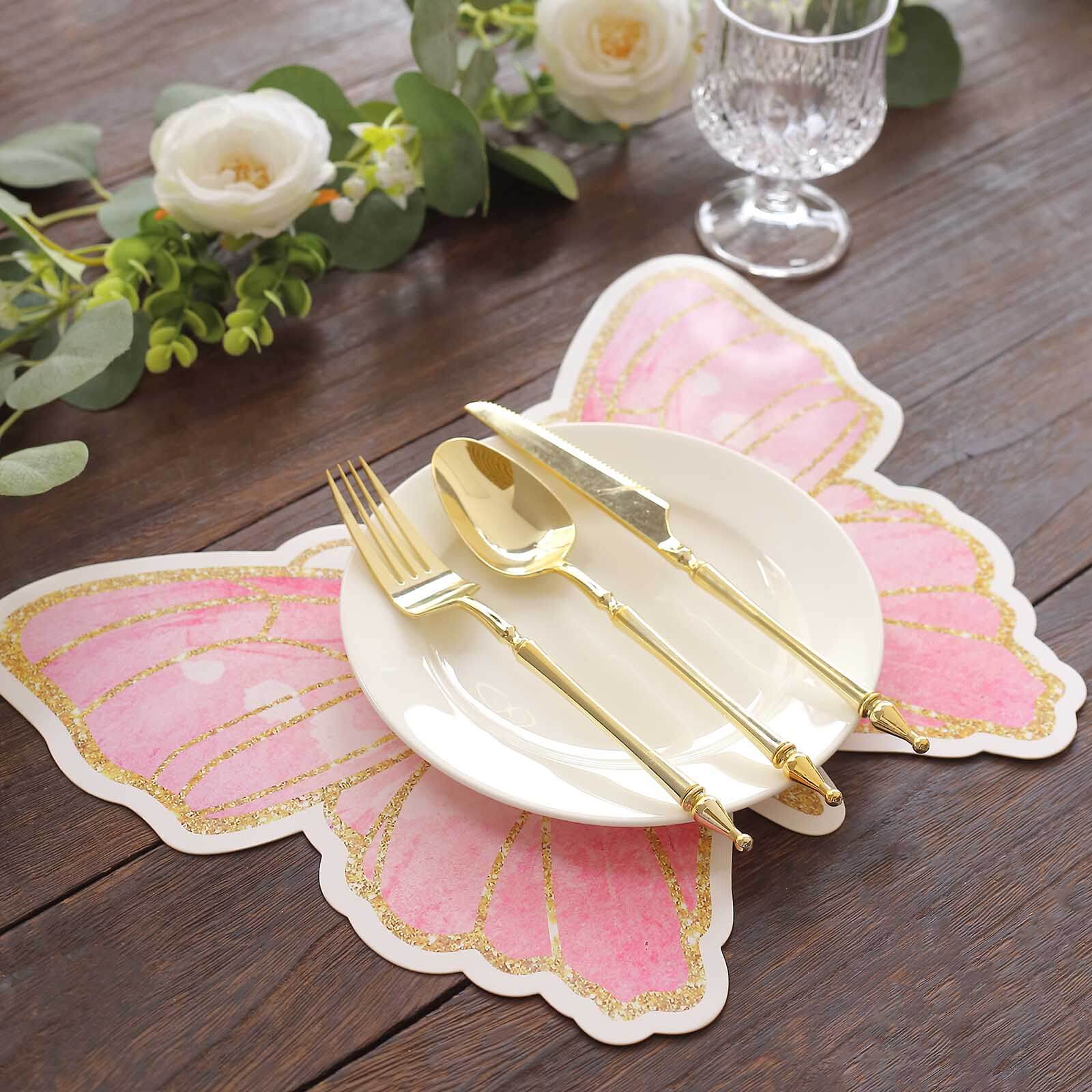 10-Pack Premium Disposable Pink Butterfly Placemats with Gold Glitters for Kids' Parties