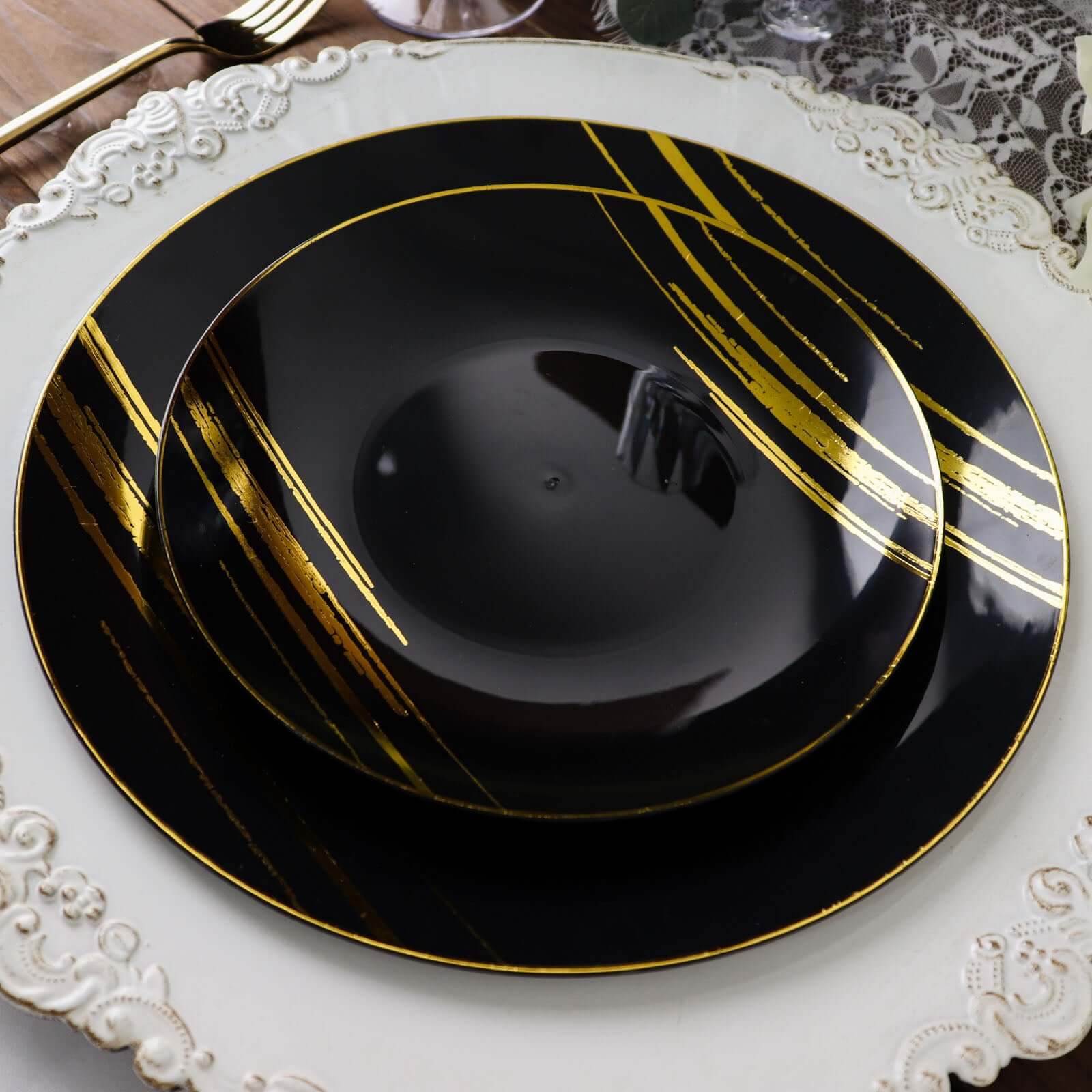 10-Piece Set of Disposable Black Plastic Dessert Plates with Gold Brush Print for Modern Events