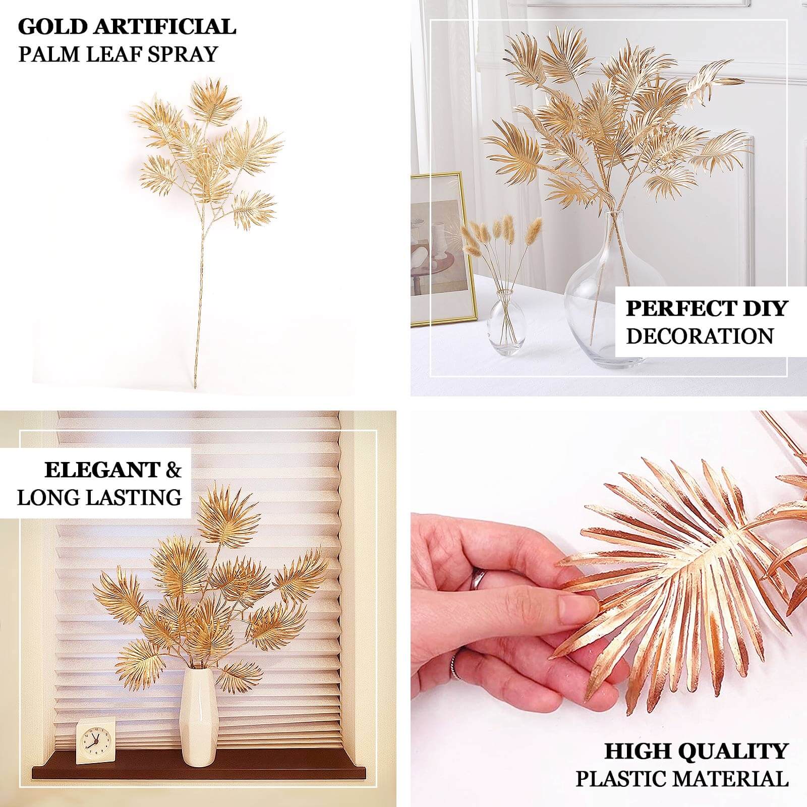 3-Piece Metallic Gold Artificial Palm Leaf Branches - Ideal for Boho Tropical & Modern Decor