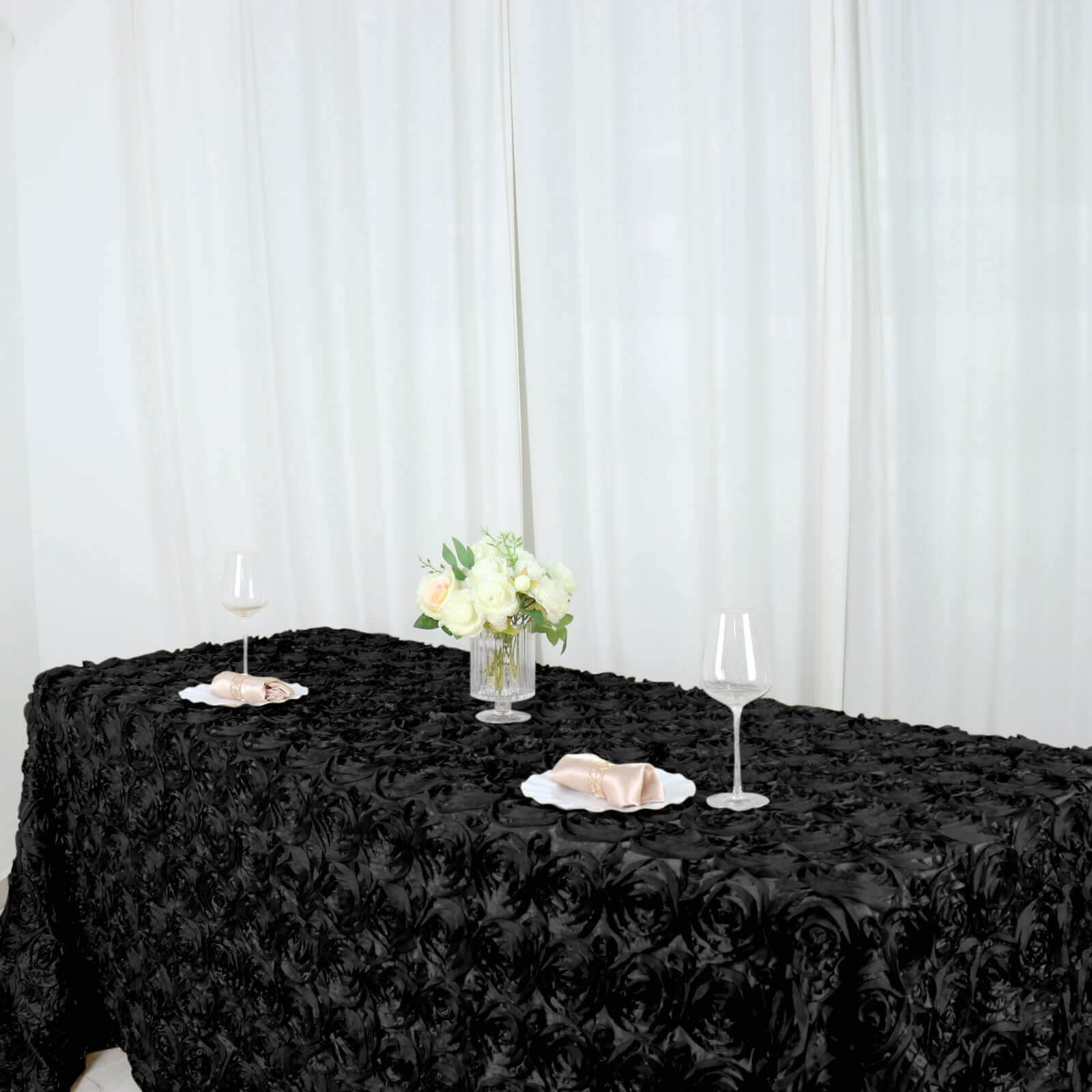 Black Satin Rectangle Tablecloth (90x132) with Stunning 3D Rosette Design for Elegant Gatherings