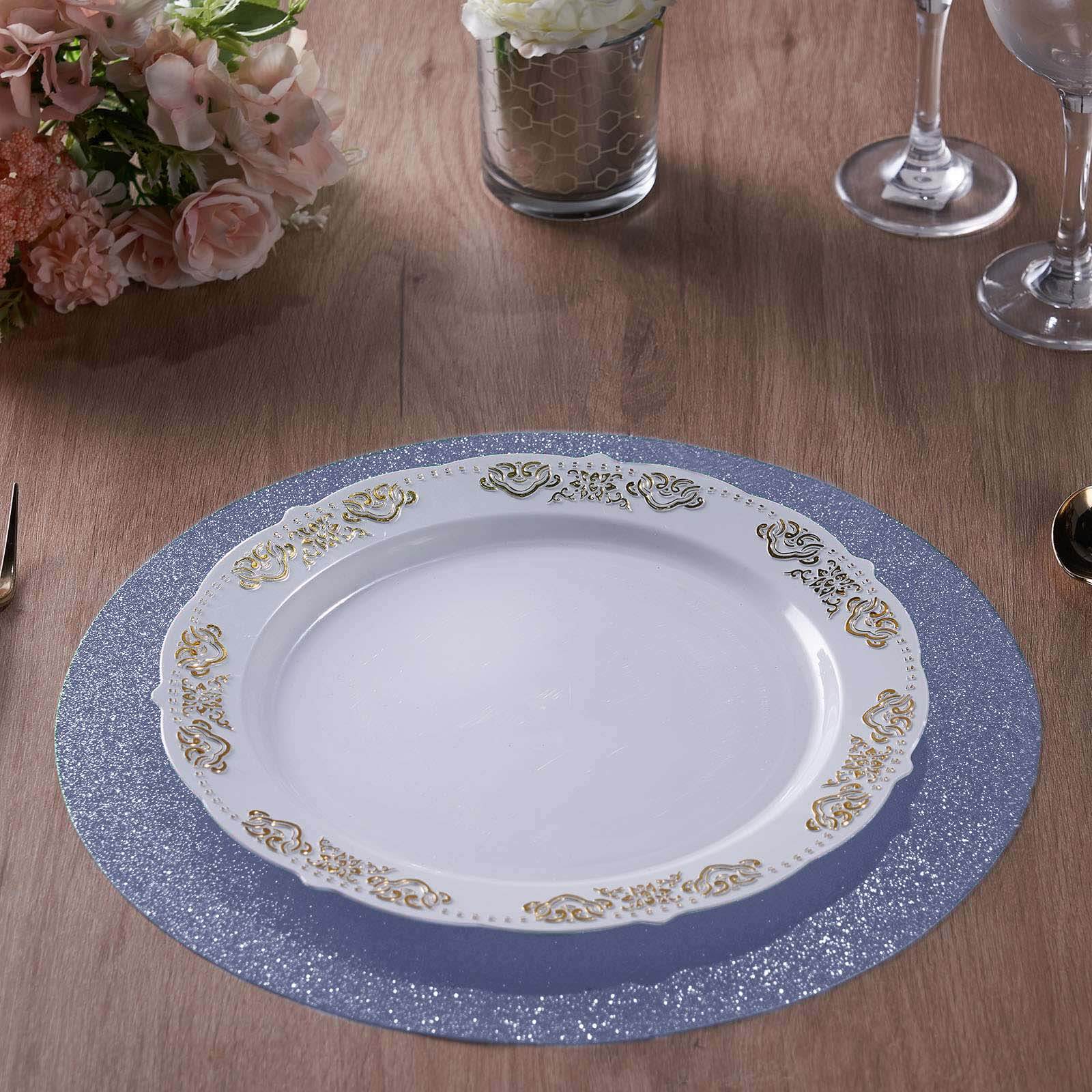 6-Piece Set of Dusty Blue Glitter Round Non-Slip Placemats for Dining Tables, 13 inches