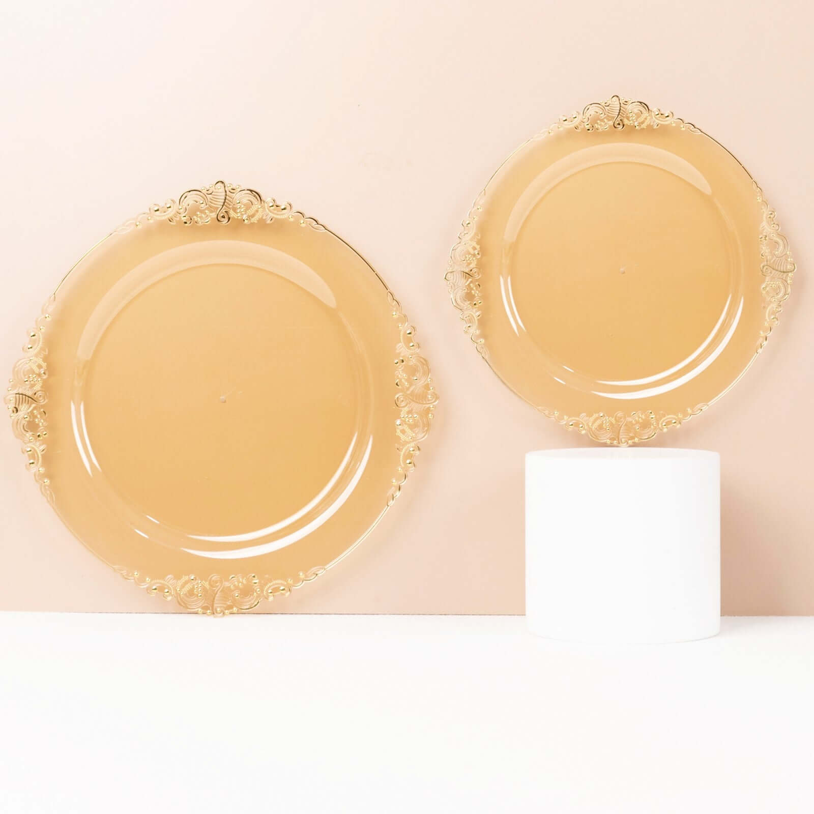 10-Pack Disposable Vintage Baroque Style 8-Inch Round Plastic Dessert Plates in Transparent Amber Gold with Gold Leaf Rim