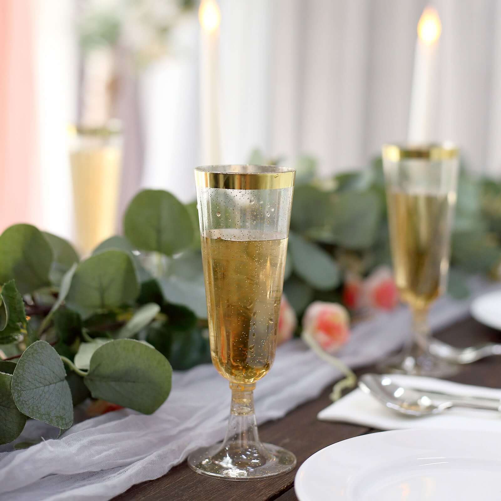 Hot Sale! 12-Pack Disposable Plastic Champagne Flutes with Clear Body, Gold Glitter, and Gold Rim for Parties, 6oz