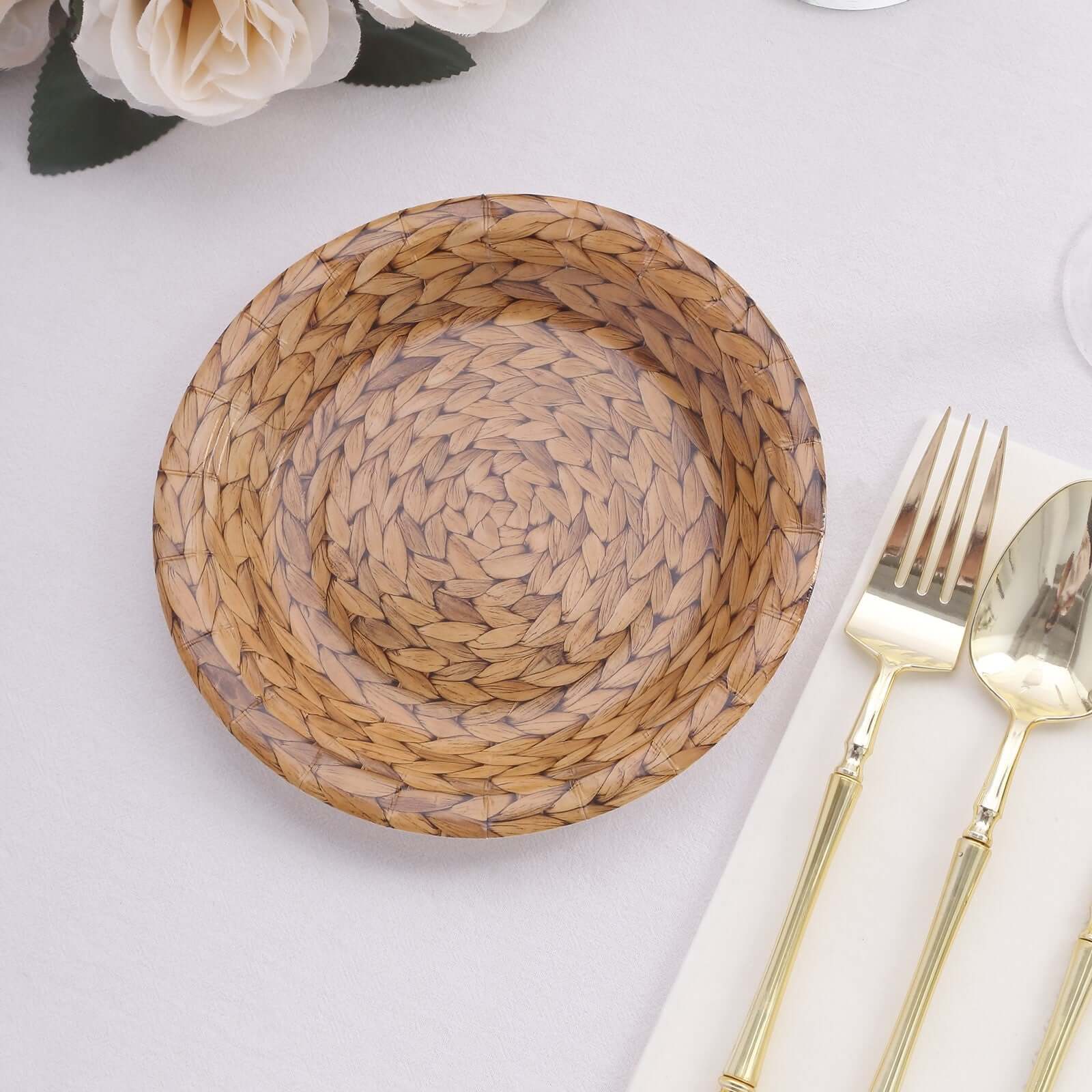 25-Pack 7" Natural Round Paper Dessert Plates with Woven Rattan Print - Premium Disposable Plates for All Occasions