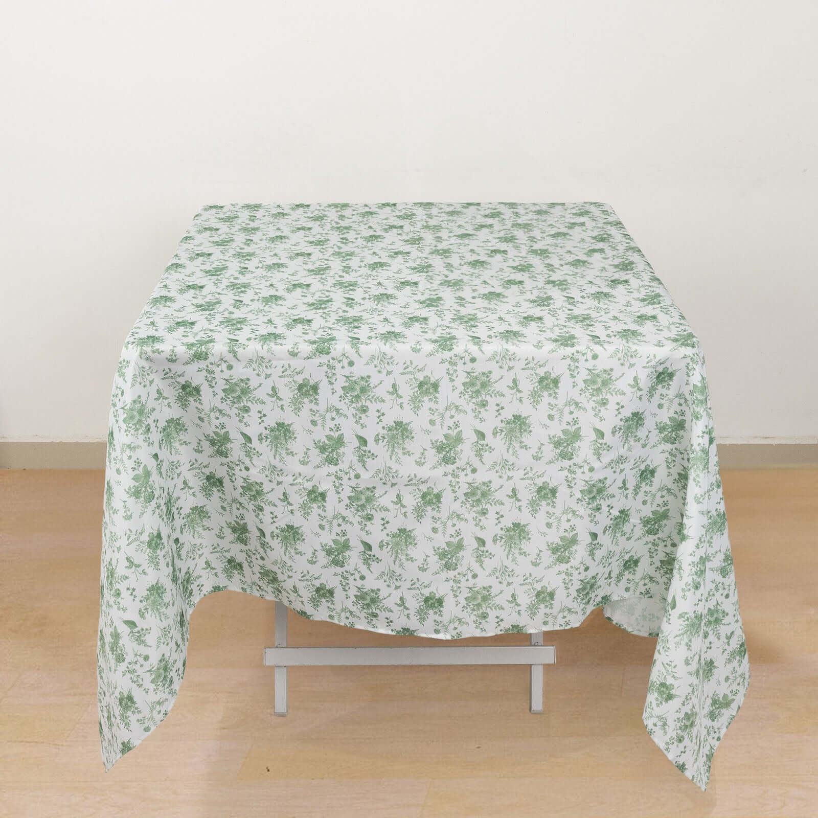 Exclusive 70x70 Polyester Square Tablecloth in Dusty Sage Green French Toile Pattern for Upscale Dining