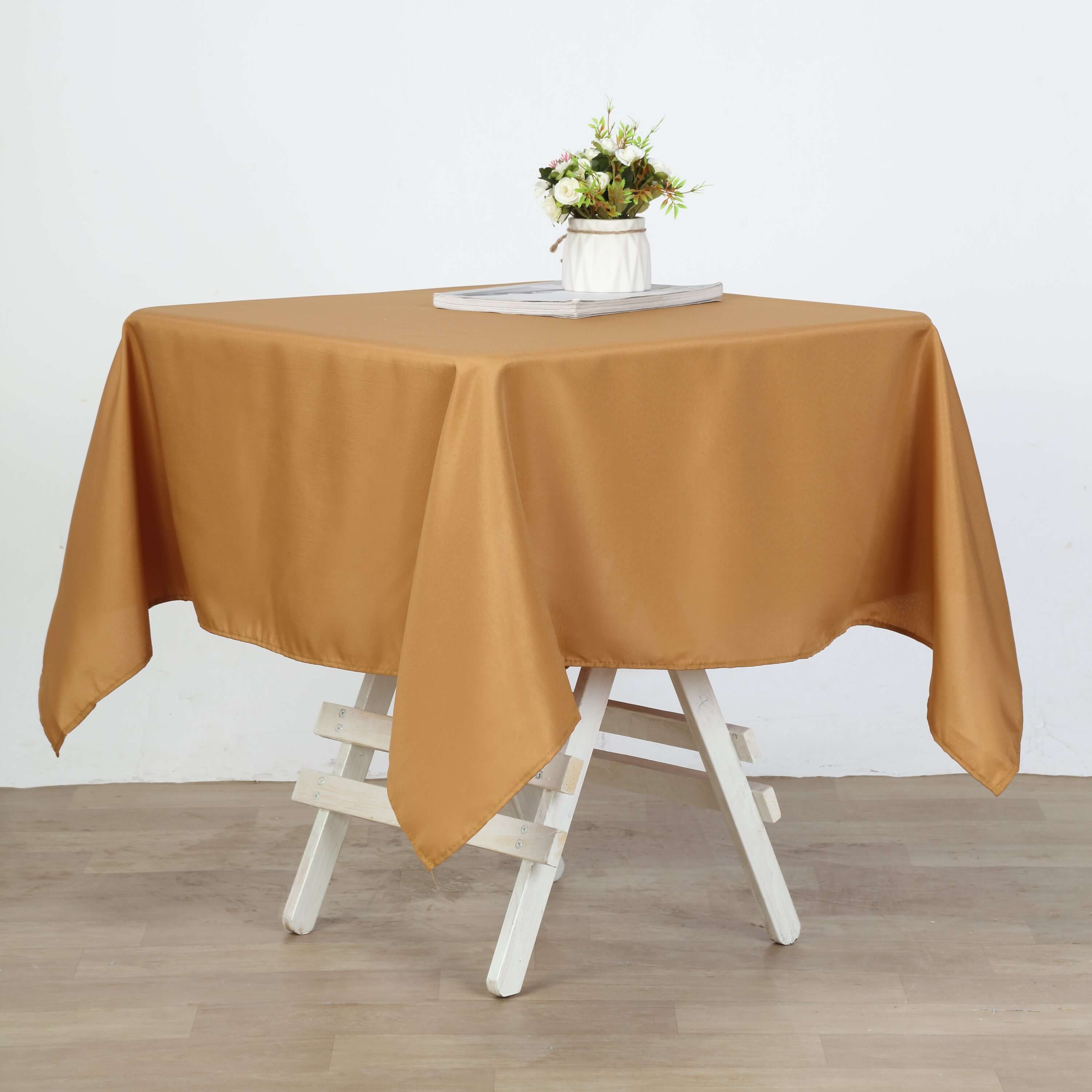 Wrinkle-Resistant & Durable Gold Polyester 54x54 Square Table Overlay for Events