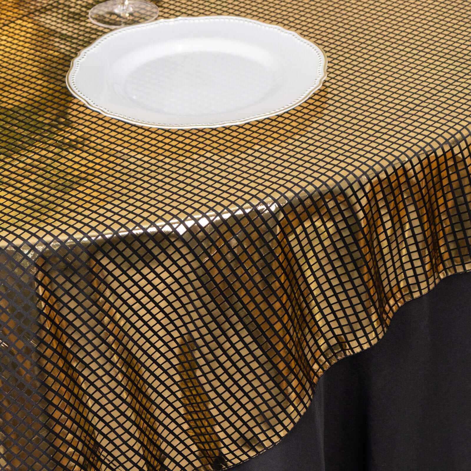 Stylish Black - Gold Foil Disco Mirror Ball Polyester 72x72 Square Table Overlay for Celebrations