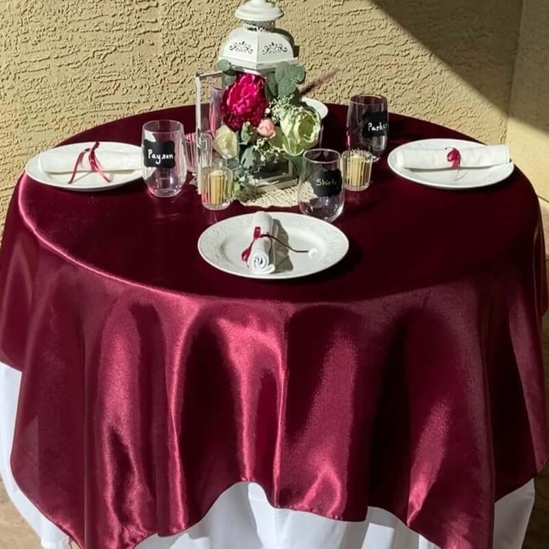 Hot! Burgundy Satin 60x60 Square Table Overlay - Smooth & Silky Table Cover
