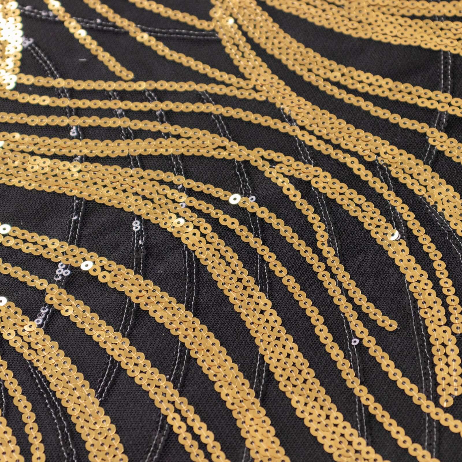 Black Gold Square Mesh Table Overlay with Wave Embroidered Sequins - Exclusive Offer