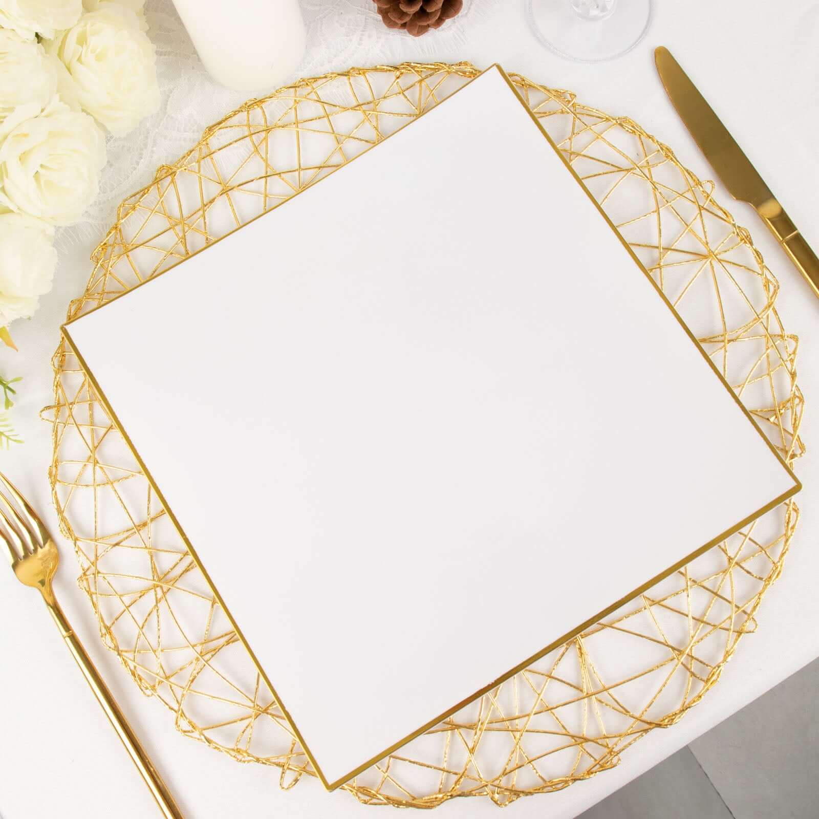 10-Piece White Concave Square Plastic Dinner Plates with Gold Rim - Disposable for Weddings & Special Events
