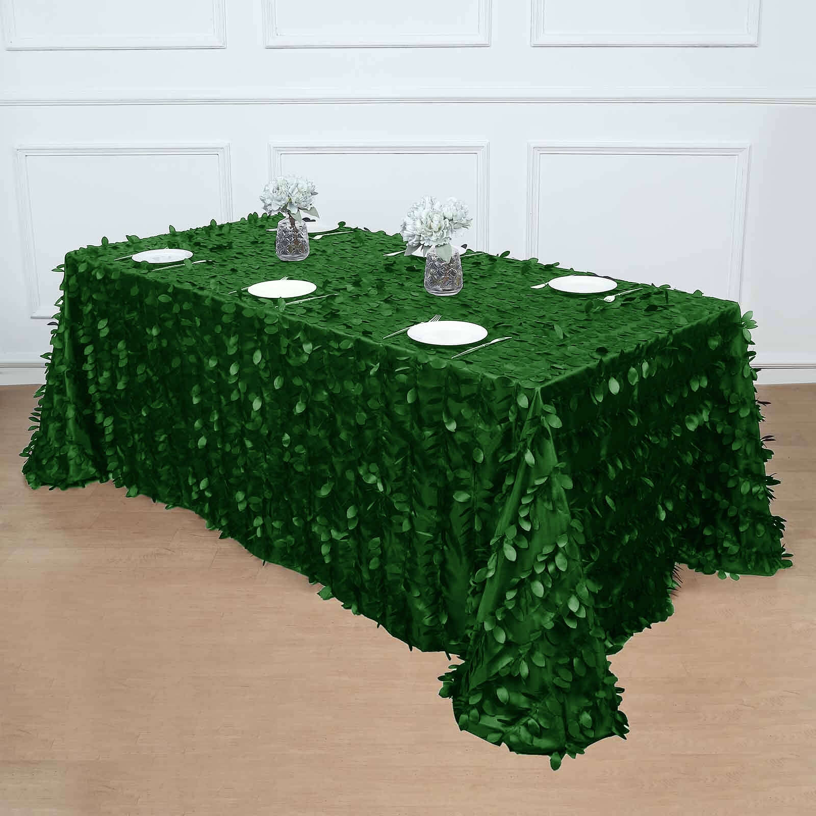 Exclusive Green Taffeta Rectangle Tablecloth with 3D Leaf Petal Design, 90x132