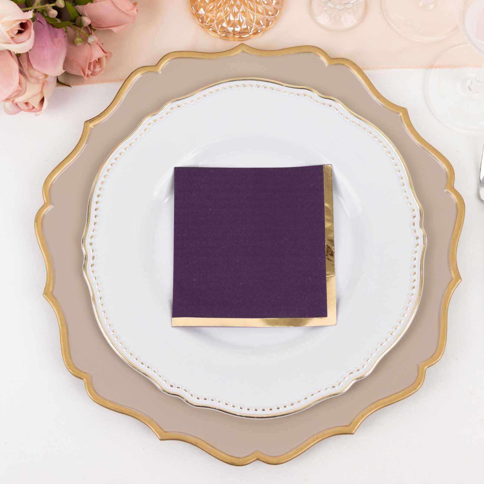 50-Piece 2-Ply Disposable Soft 18GSM Purple Cocktail Napkins with Gold Foil Edge, 5x5