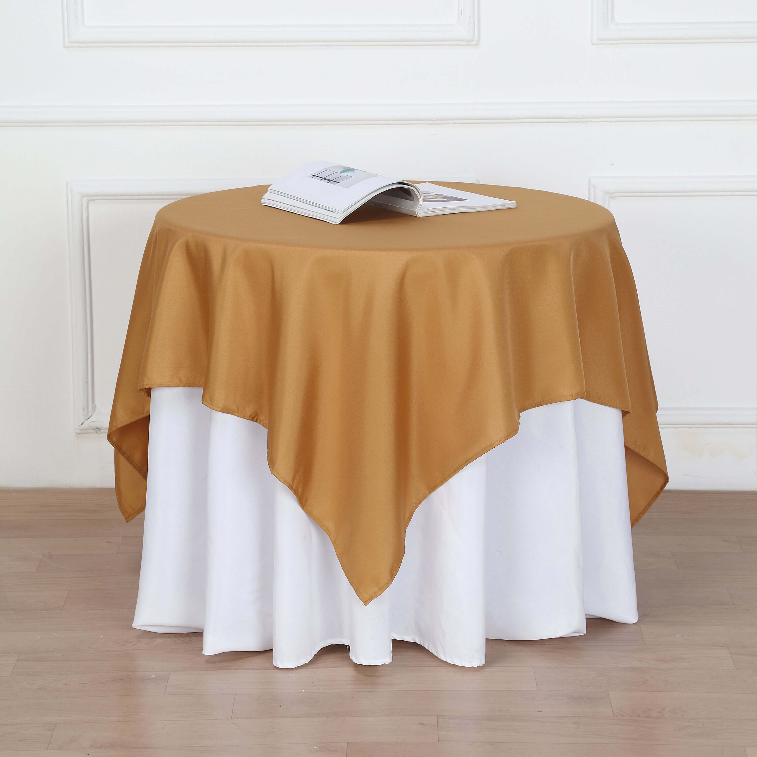 Wrinkle-Resistant & Durable Gold Polyester 54x54 Square Table Overlay for Events