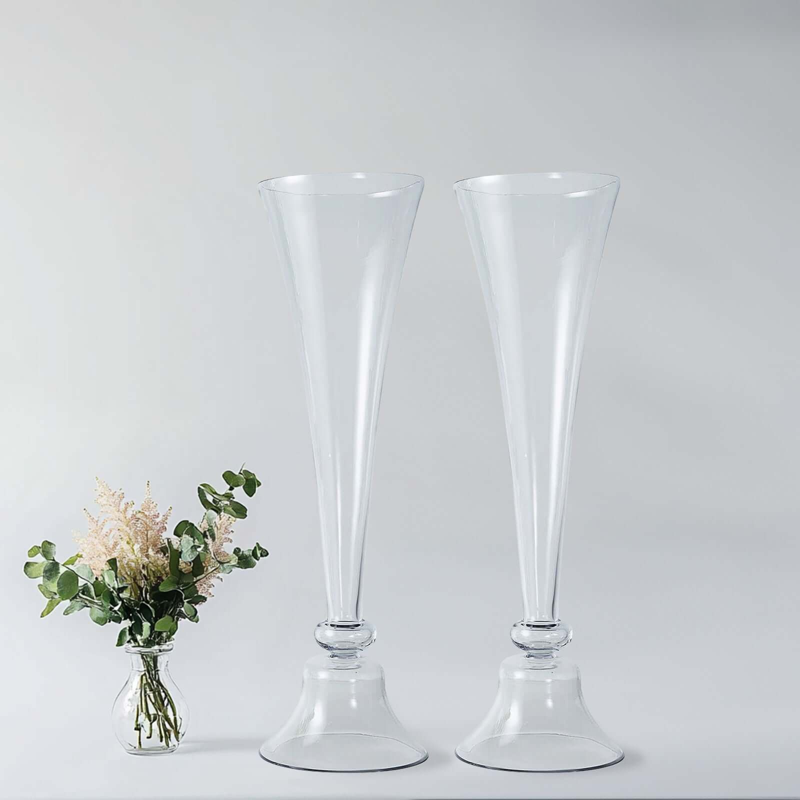 Set of 2 Clear Reversible Glass Trumpet Vases - Ideal Stylish Centerpieces for Events