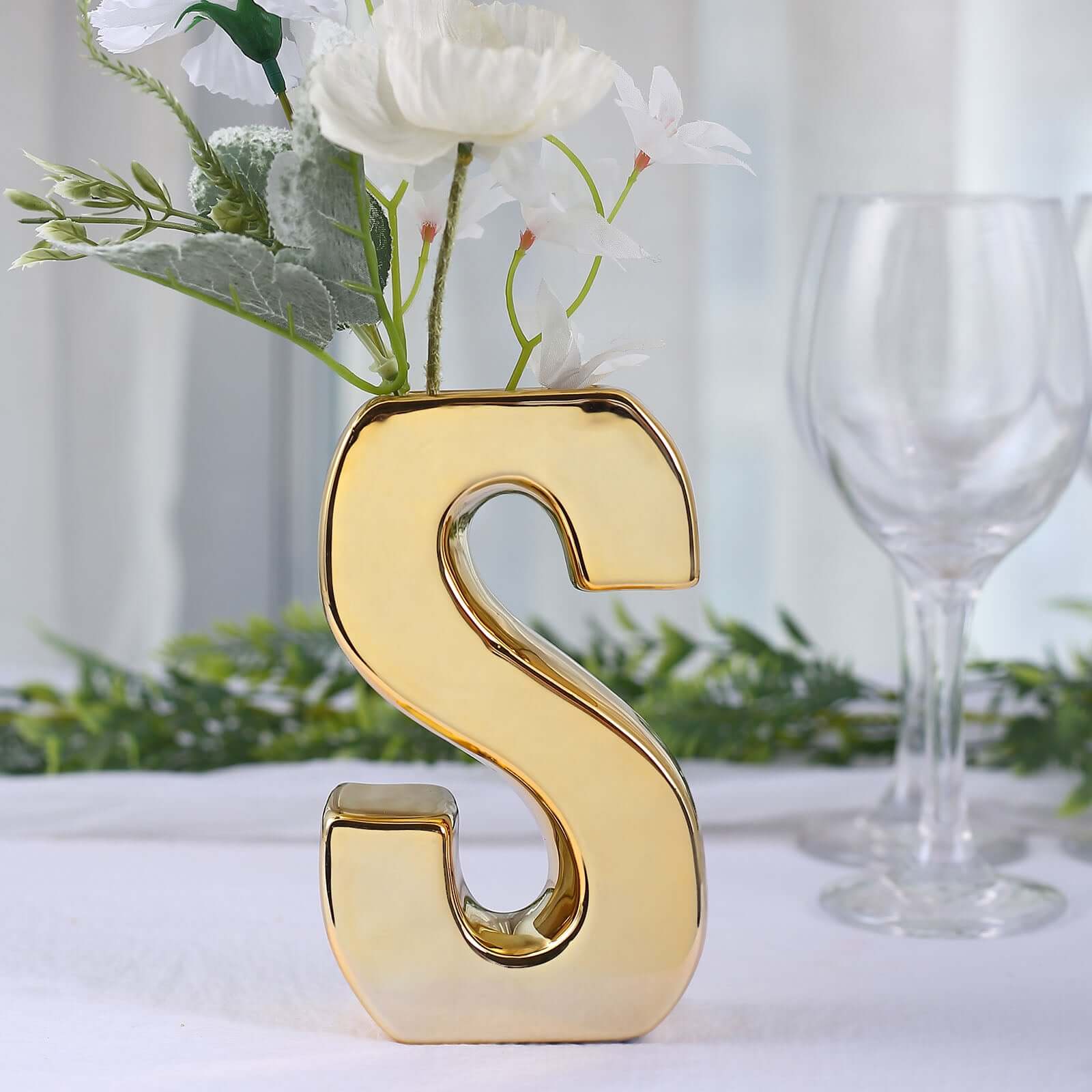 Gold-Plated Shiny Ceramic Letter S Vase - Stylish Bud Planter for Events and Decor
