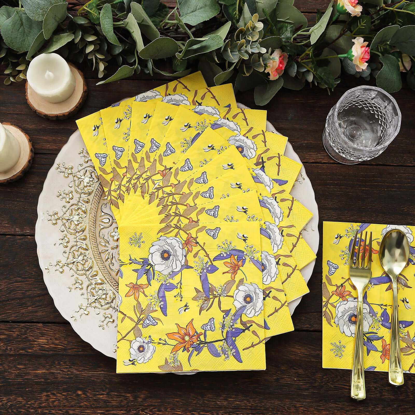 20-Pack Yellow Floral 2-Ply Soft 18GSM Paper Beverage Napkins for Weddings and Parties