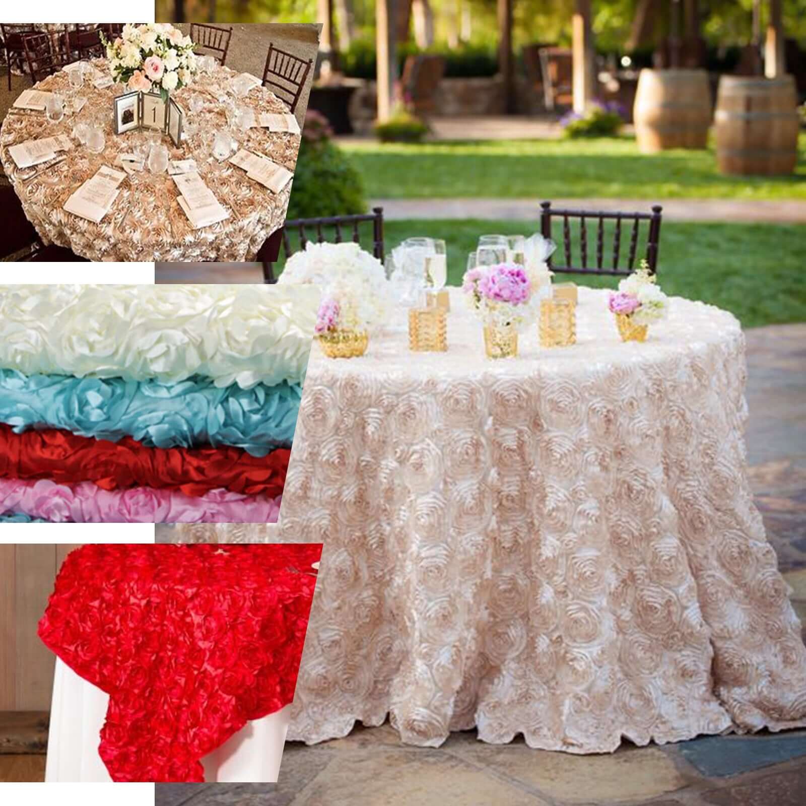 Beige 72x72 Satin Square Table Overlay with 3D Rosette Design