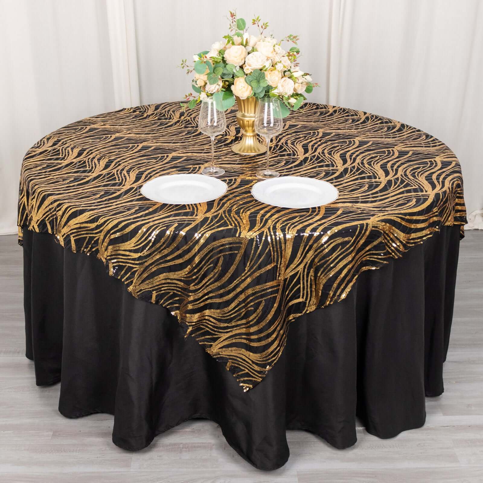 Black Gold Square Mesh Table Overlay with Wave Embroidered Sequins - Exclusive Offer