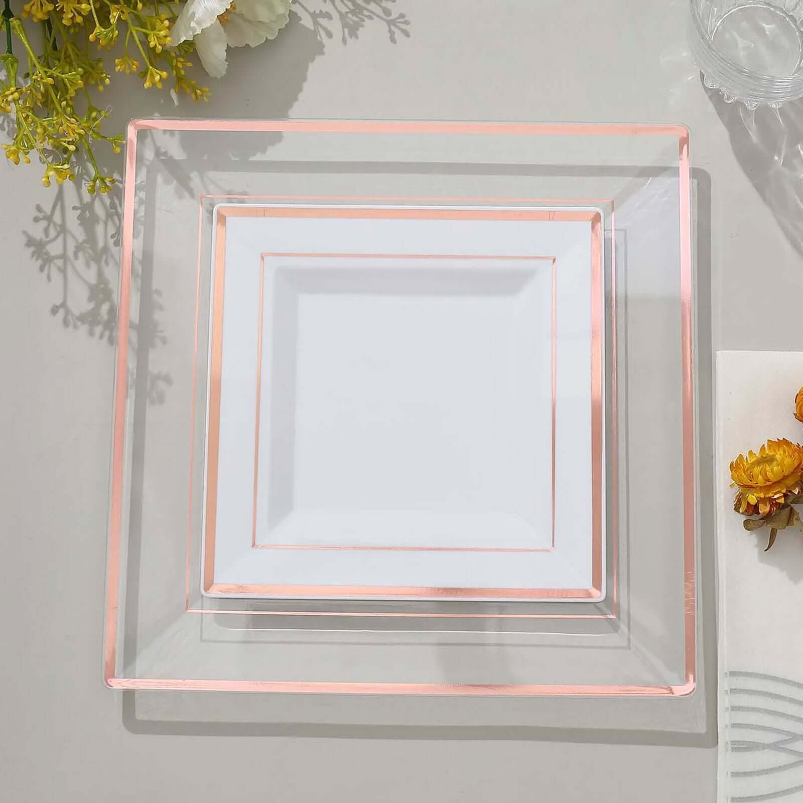 10-Piece Set of Durable Disposable White Square Salad & Dessert Plates with Rose Gold Trim, 7 Inches