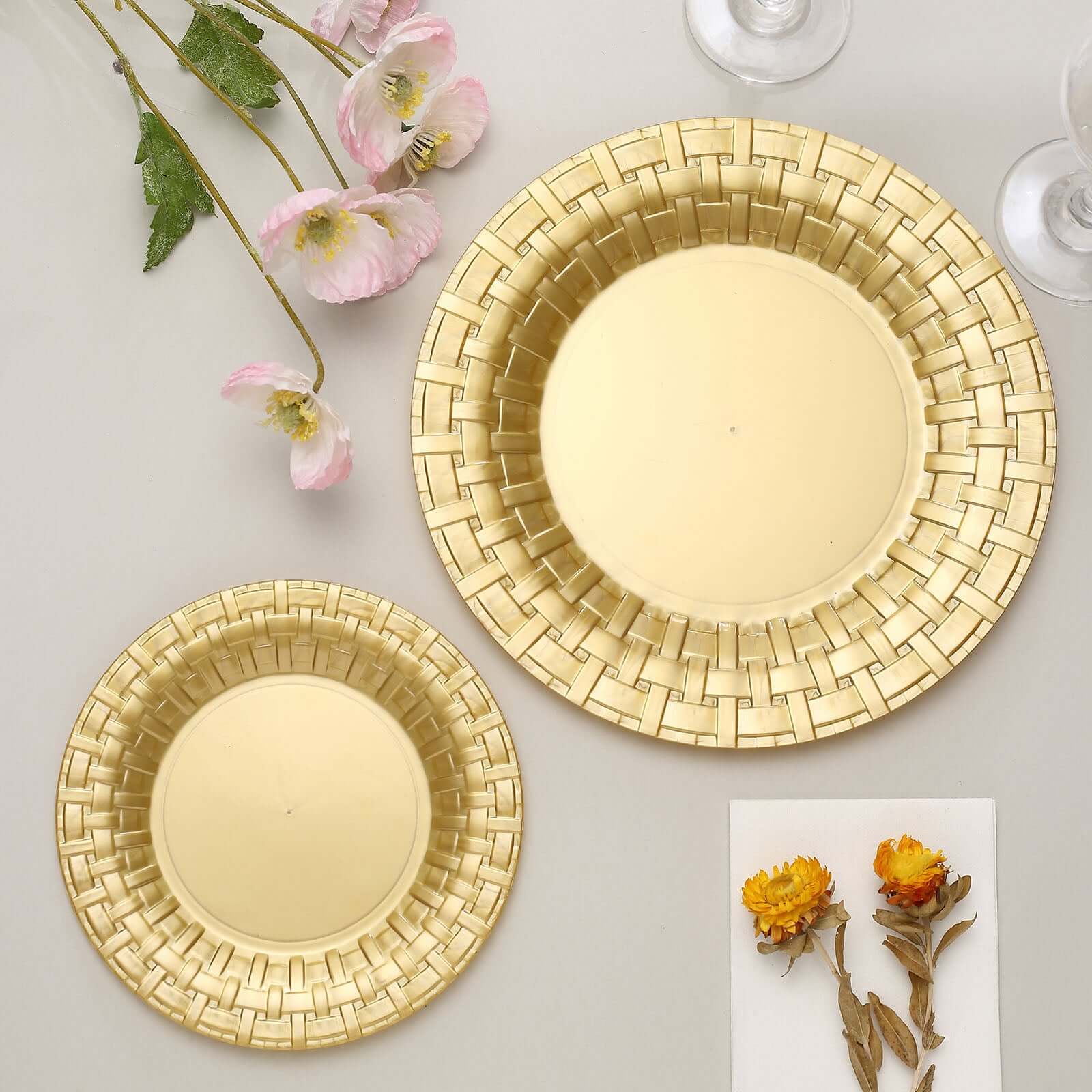 Hot Deal! 10-Pack Gold Basketweave Rim Disposable Plastic Dinner Plates (10