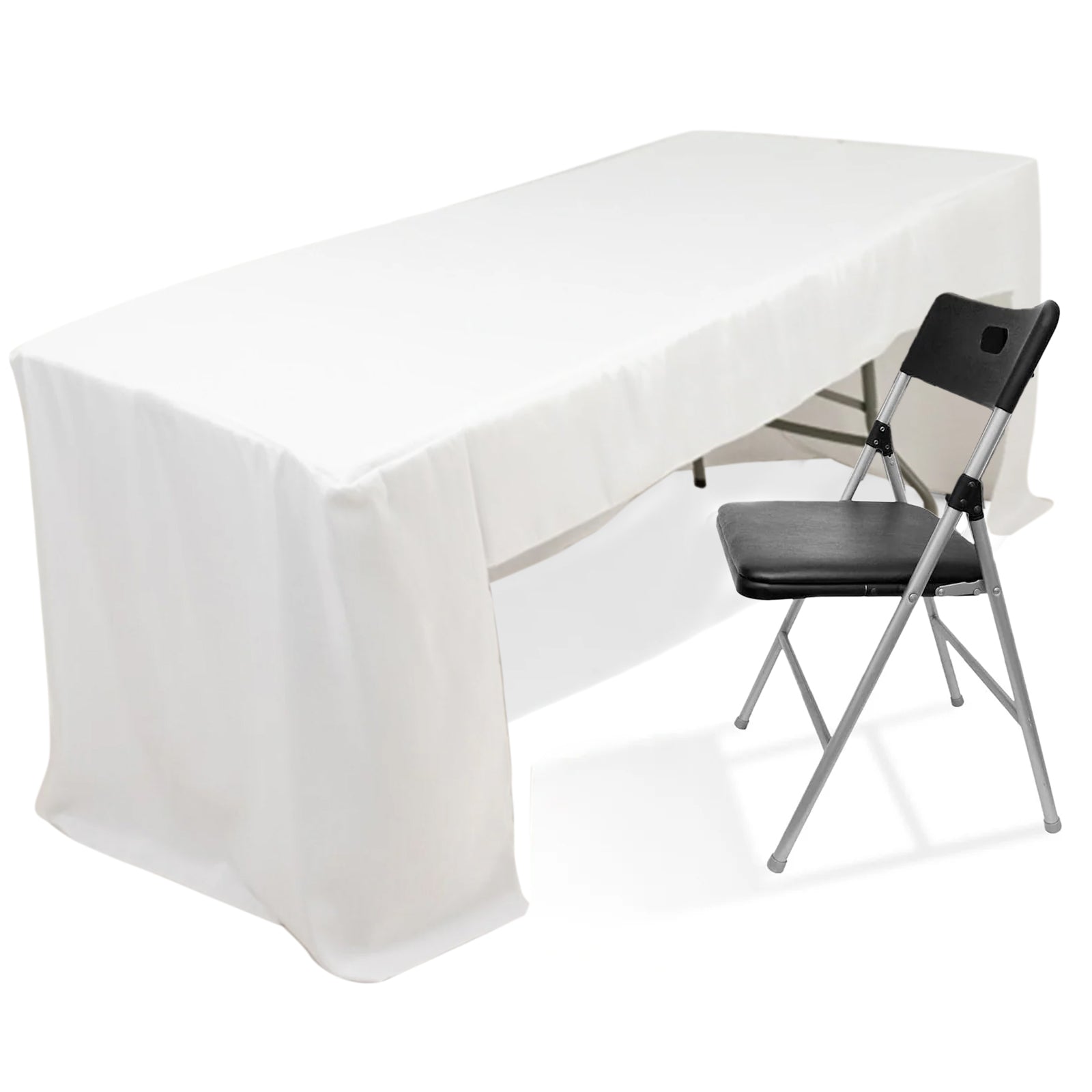 Wrinkle-Resistant White Fitted Polyester Tablecloth for 8ft Rectangles - Open Back Design