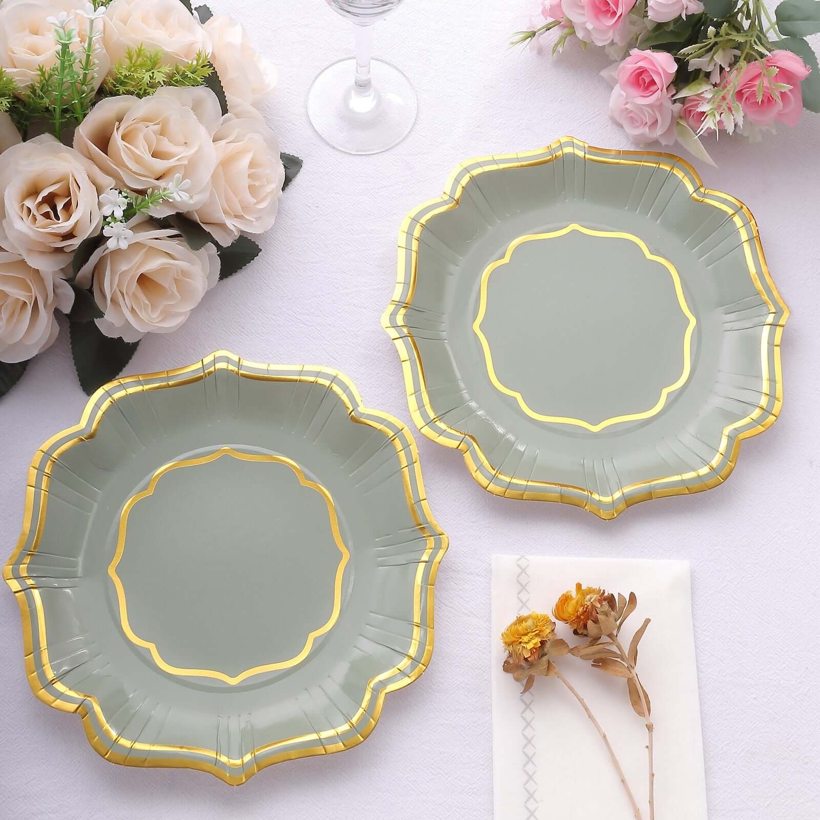 25-Piece Disposable 300GSM Sage Green Paper Dessert Plates with Gold Scalloped Edge, 8 Inches