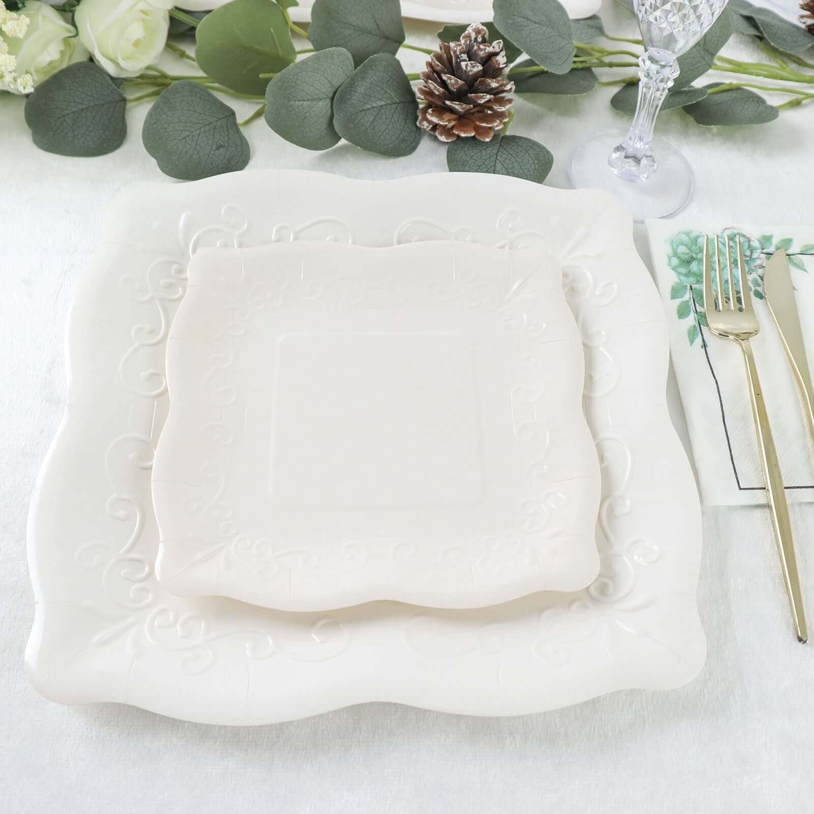 25-Pack White 7-Inch Square Disposable Dessert Plates with Vintage Pottery Embossed Design - Ideal for Special Events