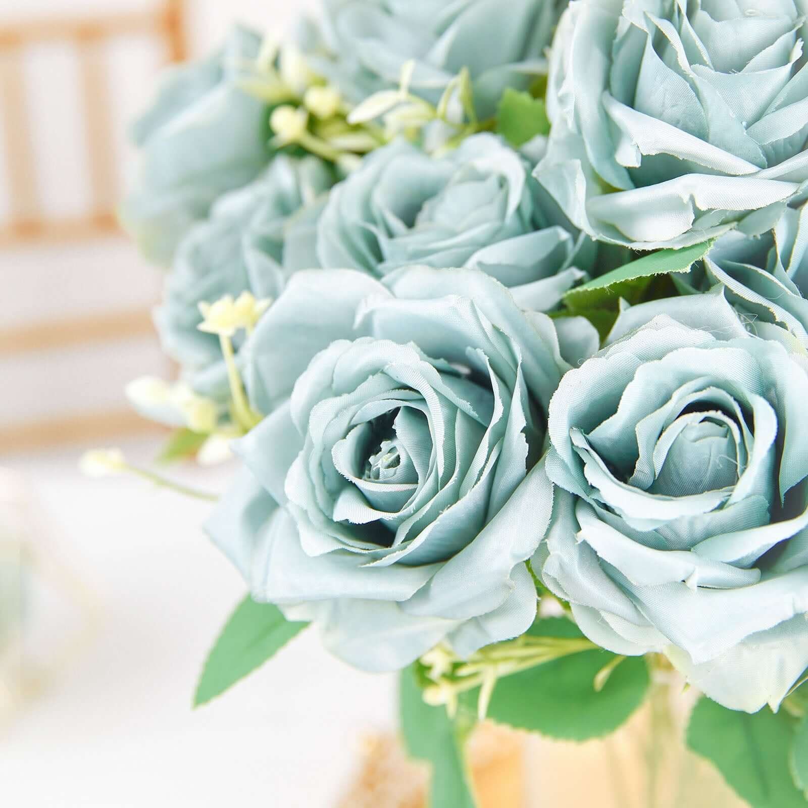 Hot Sale! 2 Bushes Silk Artificial Rose Flower Bouquet in Light Dusty Blue with 18 Real - Touch Blooms