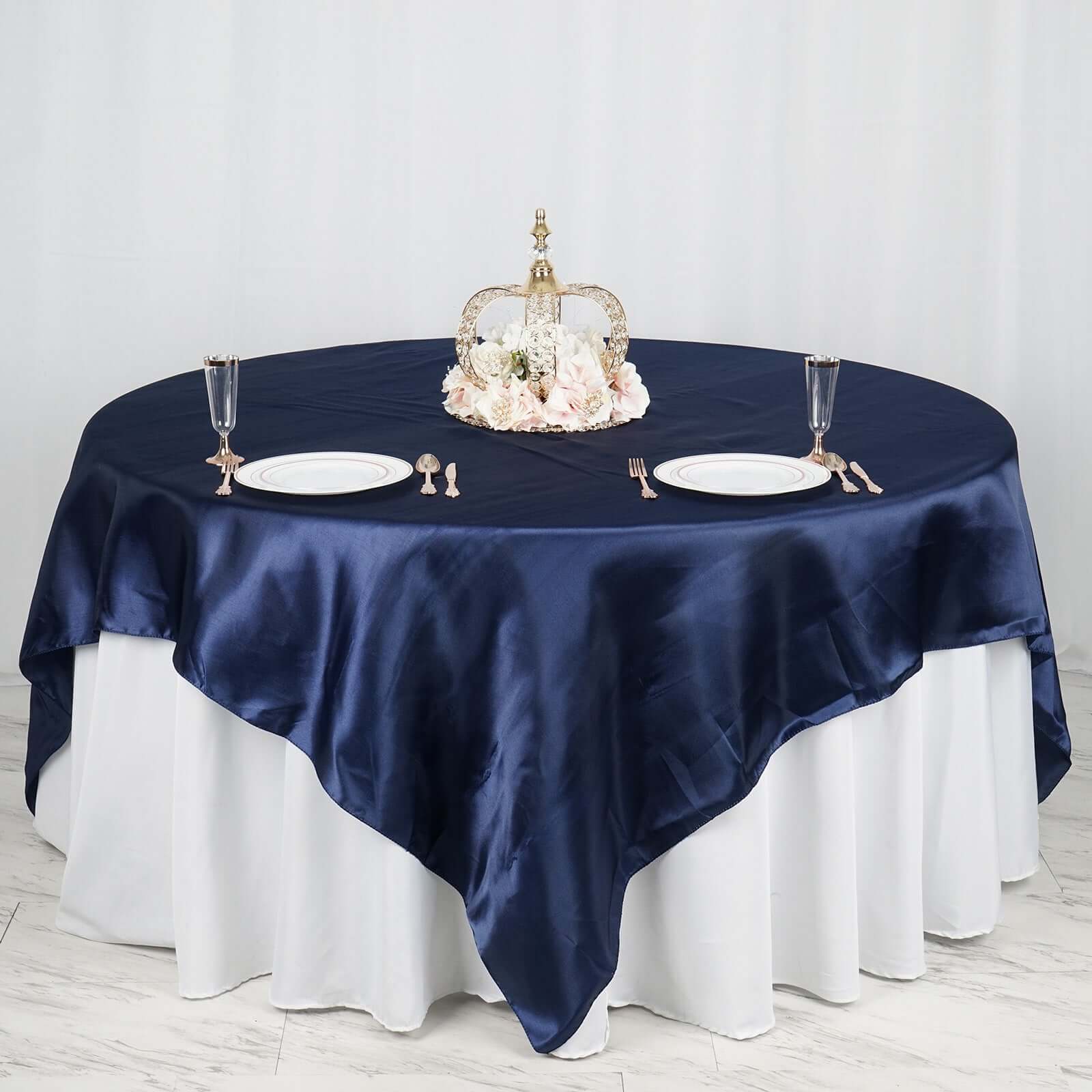 Navy Blue Satin 90x90 Square Table Overlay - Smooth Finish Table Topper for Special Occasions