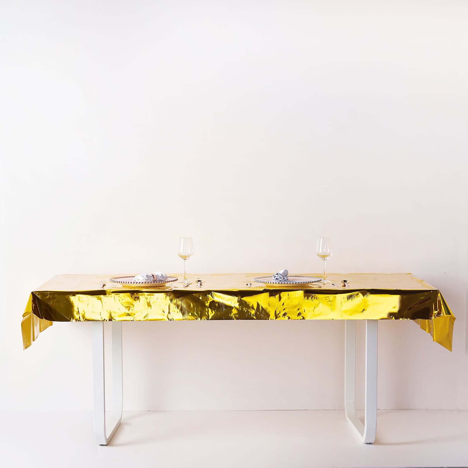 Disposable 40x90 Gold Metallic Foil Rectangle Plastic Tablecloth for Parties - Great Value!