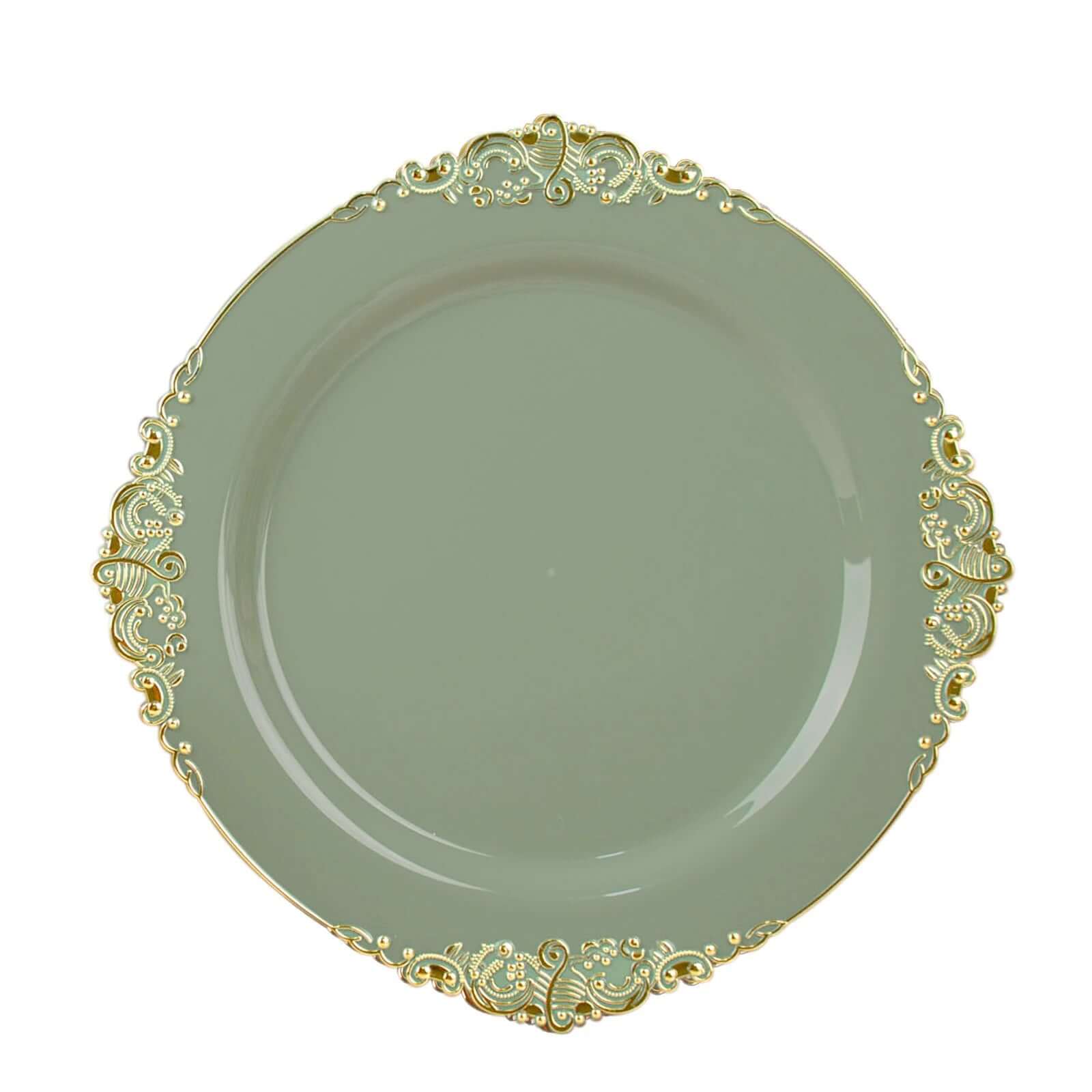 10-Pack Disposable Vintage Baroque Style Plastic Round Salad Dessert Plates in Dusty Sage Green with Gold Leaf Rim