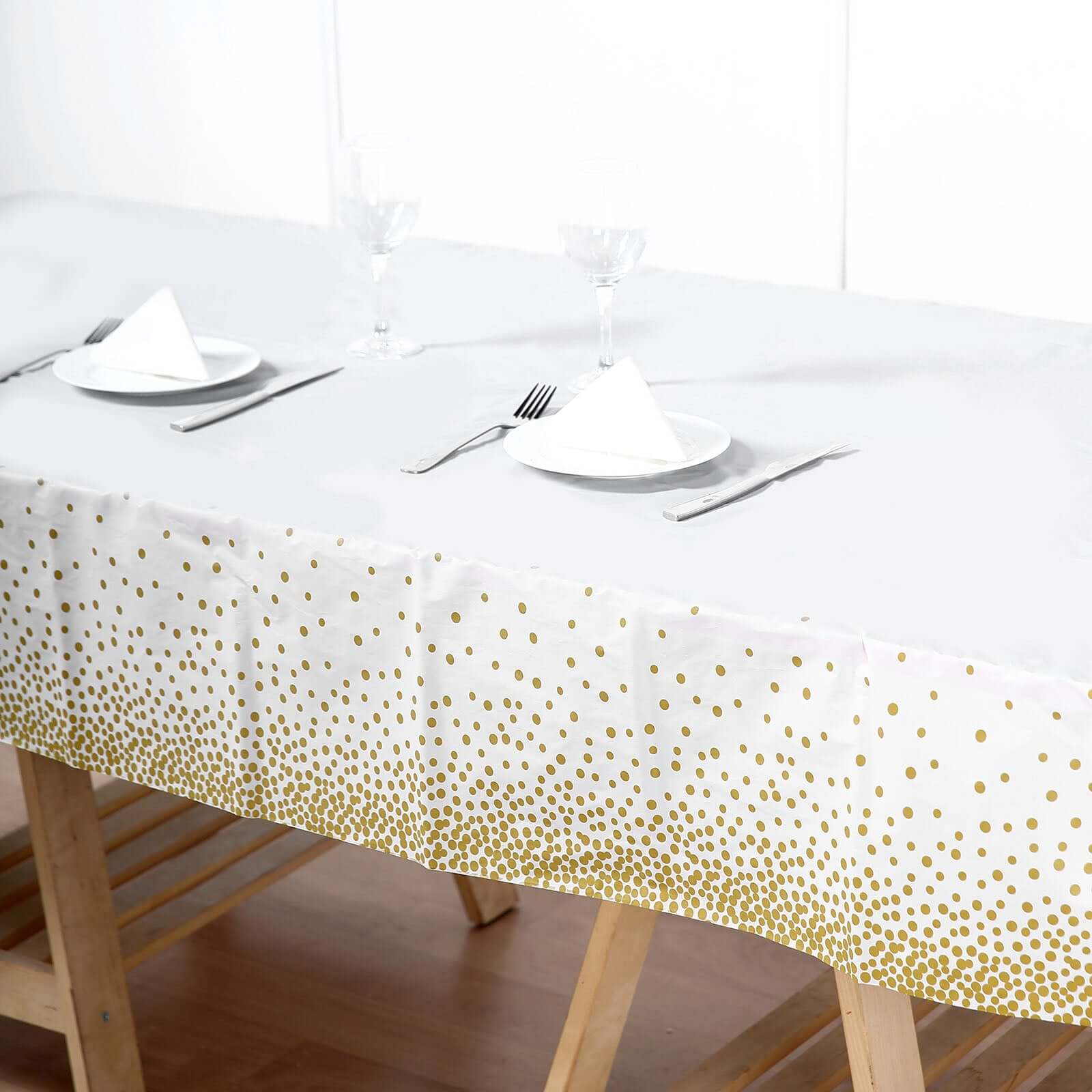 5-Pack Disposable PVC White Rectangle Table Covers with Gold Confetti Dots - Ideal for Events