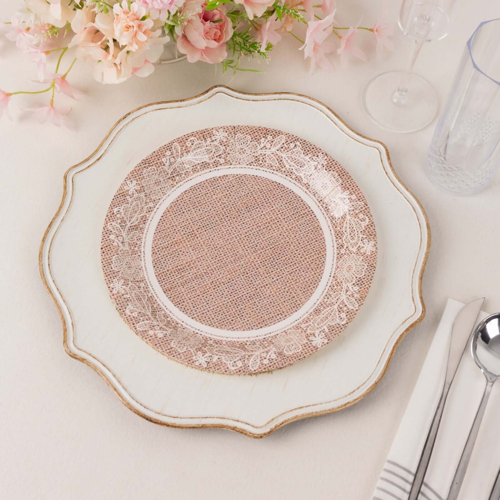 25-Pack 9-Inch Round Disposable Paper Dinner Plates with Natural Burlap & White Floral Lace Design