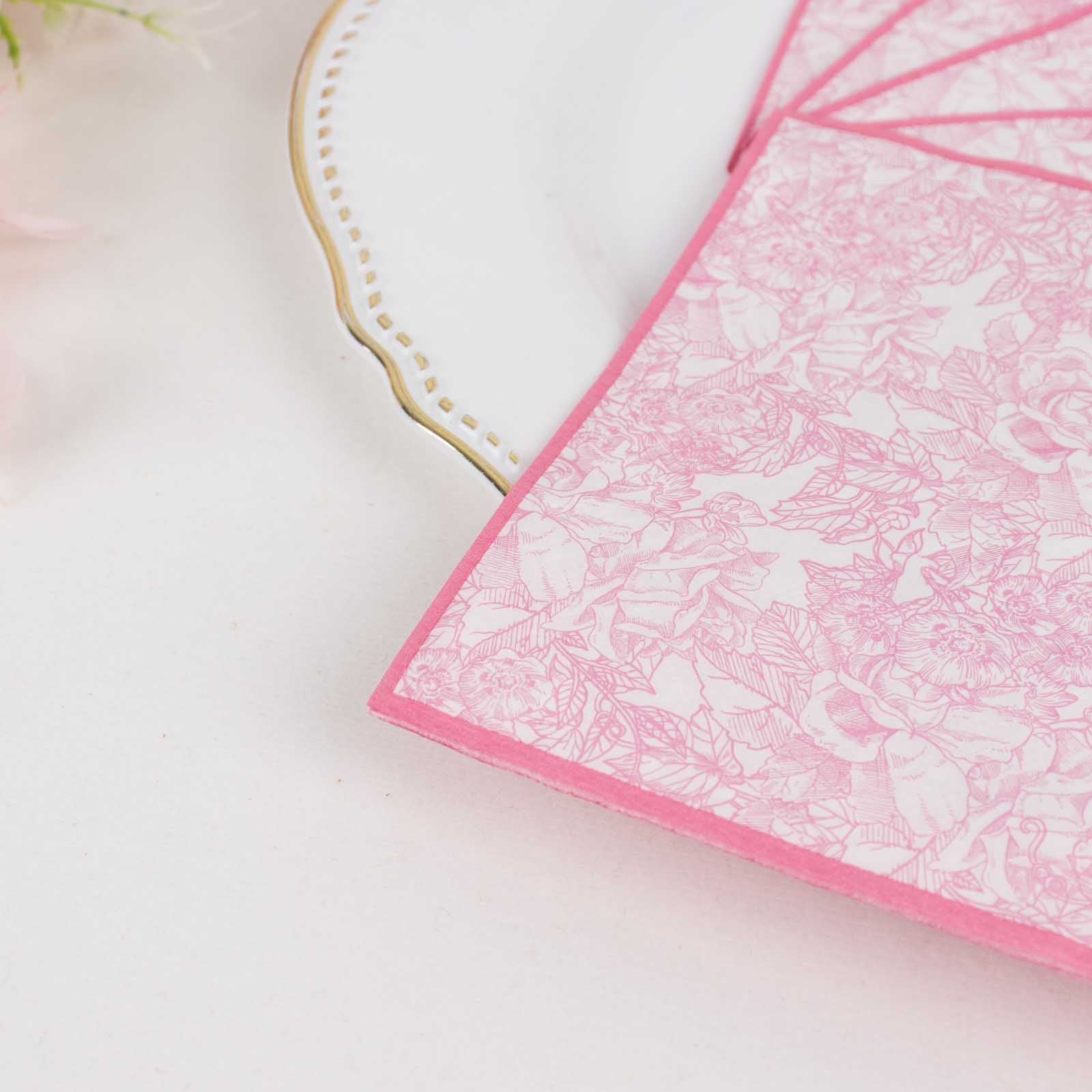 25-Pack Disposable Paper Cocktail Napkins with French Toile Floral Print in White/Pink - Highly Absorbent 2 Ply