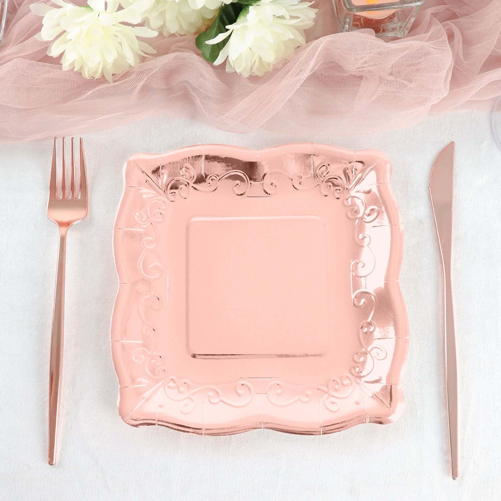 Hot Sale! 25-Pack Disposable Rose Gold Square Dessert Appetizer Paper Plates with Vintage Pottery Embossed Design