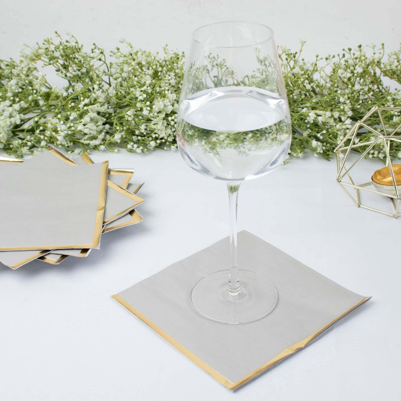 Hot! 50-Pack Disposable 2-Ply Gray Cocktail Napkins with Gold Foil Edge, 6.5x6.5