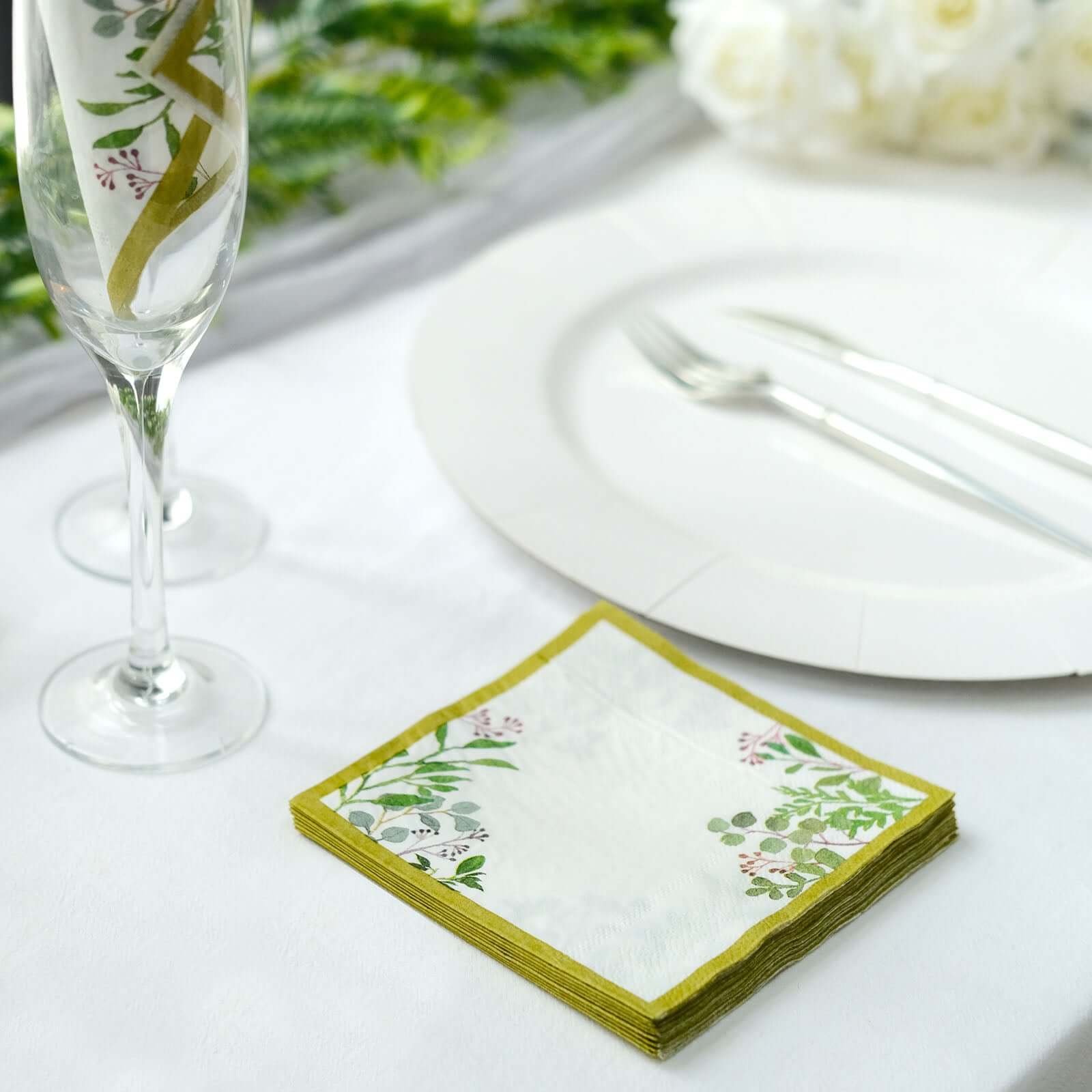24-Pack Soft 18GSM 2-Ply Paper Dinner Napkins with Tropical Eucalyptus Design for Weddings and Cocktails