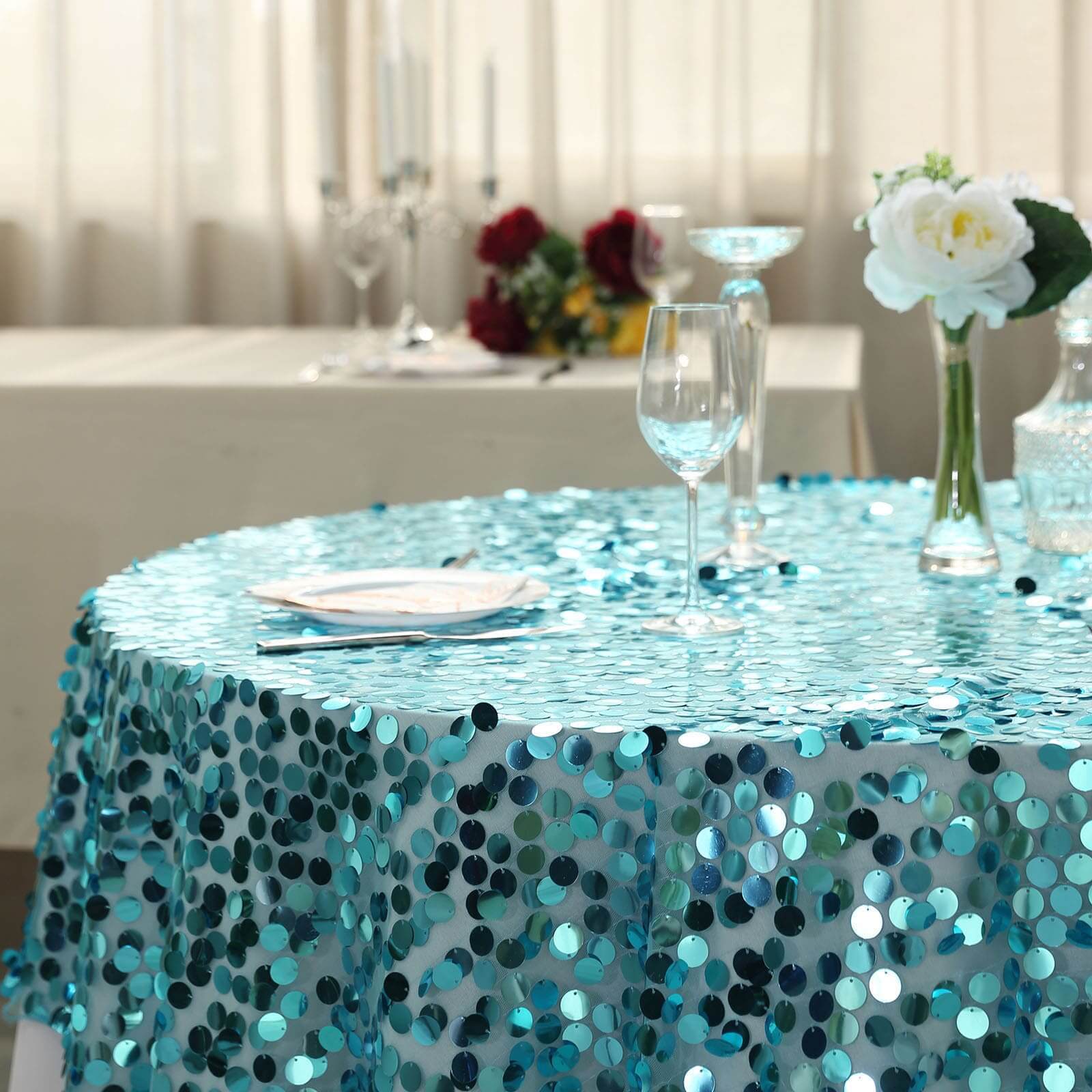 Big Sale! Turquoise Sequin Square Table Overlay, 72x72 Inches for Table Decoration