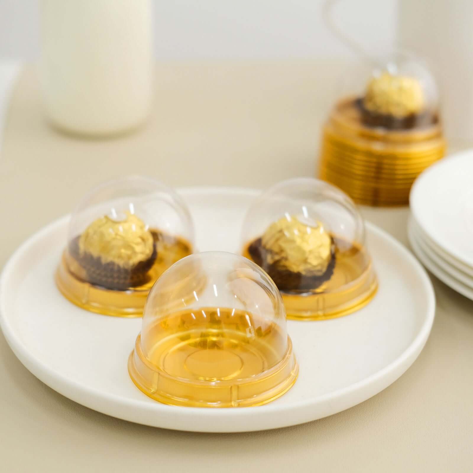 50-Piece Set of Plastic Party Favor Containers - Round Dome Design in Gold and Clear for Cupcakes and Sweets