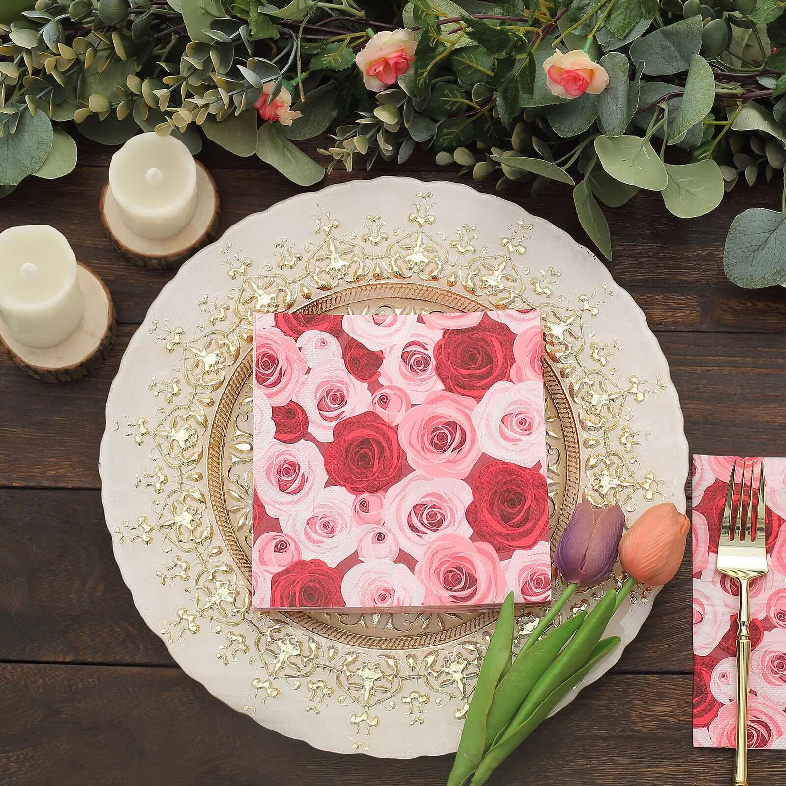 50-Pack 2-Ply Soft 18GSM Red/Pink Floral Design Paper Beverage Napkins for Weddings