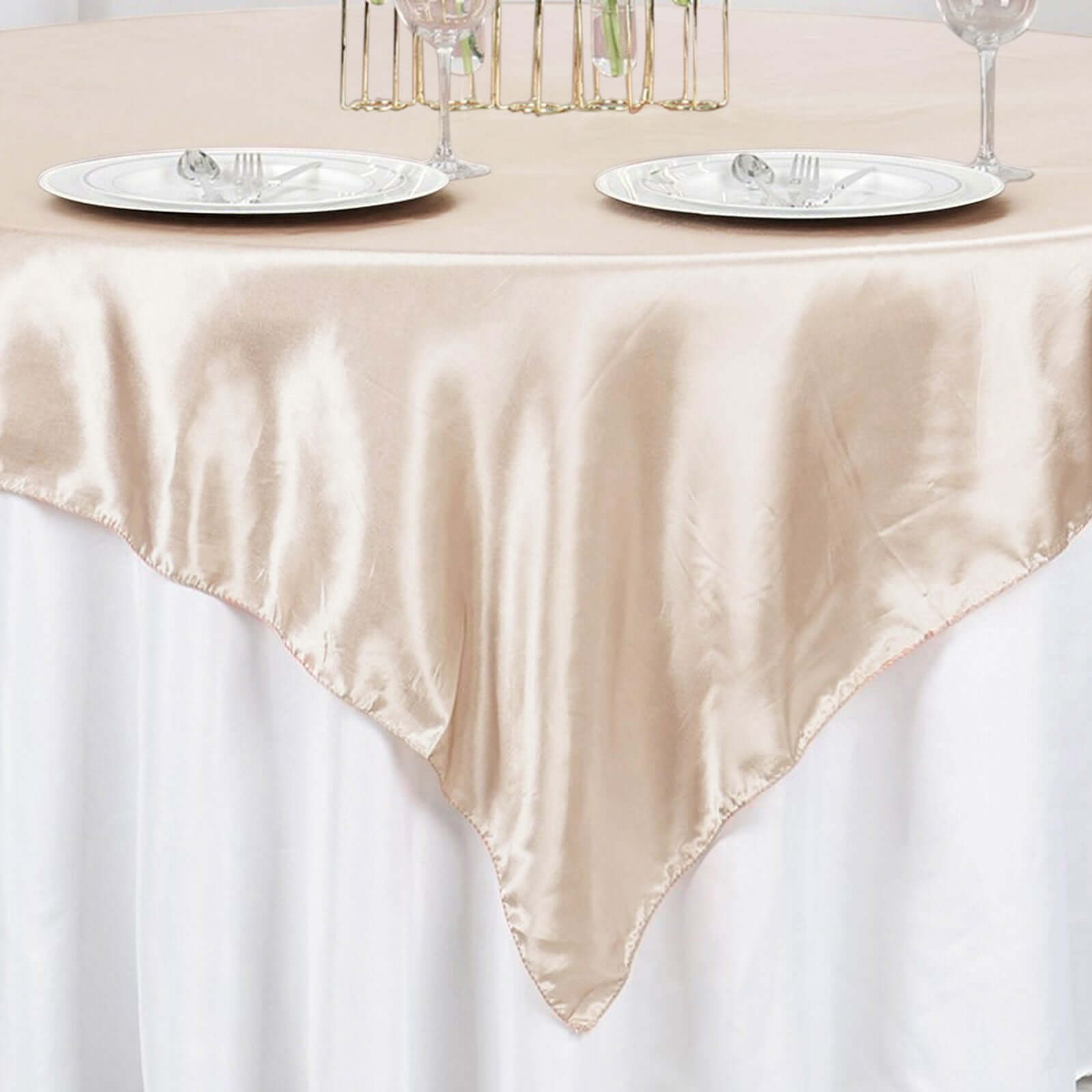 Beige Satin 60x60 Square Table Overlay - Smooth & Silky Table Cover, Great Deal