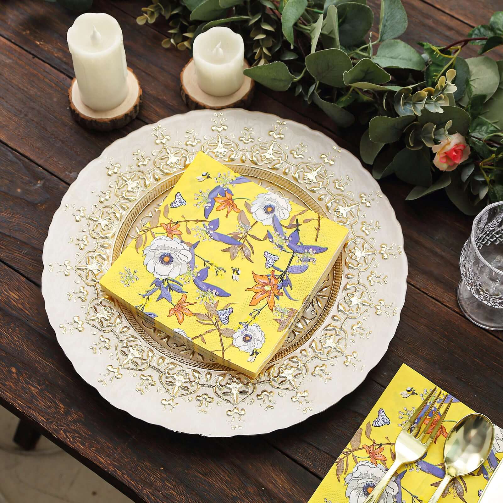 20-Pack Yellow Floral 2-Ply Soft 18GSM Paper Beverage Napkins for Weddings and Parties