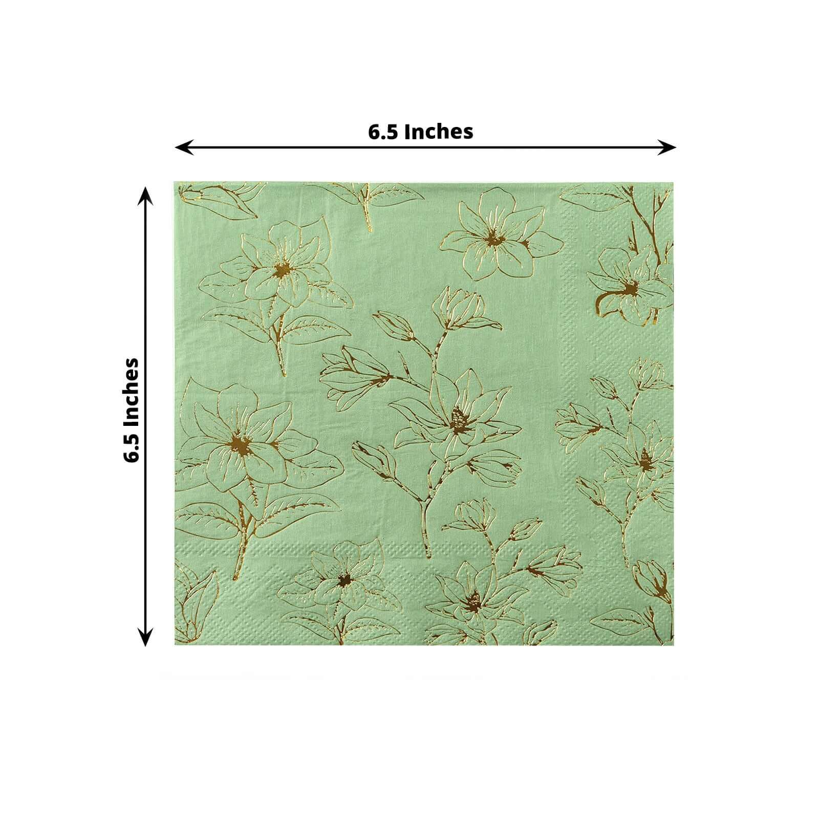 50-Pack Premium 2-Ply Absorbent Soft Paper Cocktail Napkins with Gold Magnolia Print in Sage Green