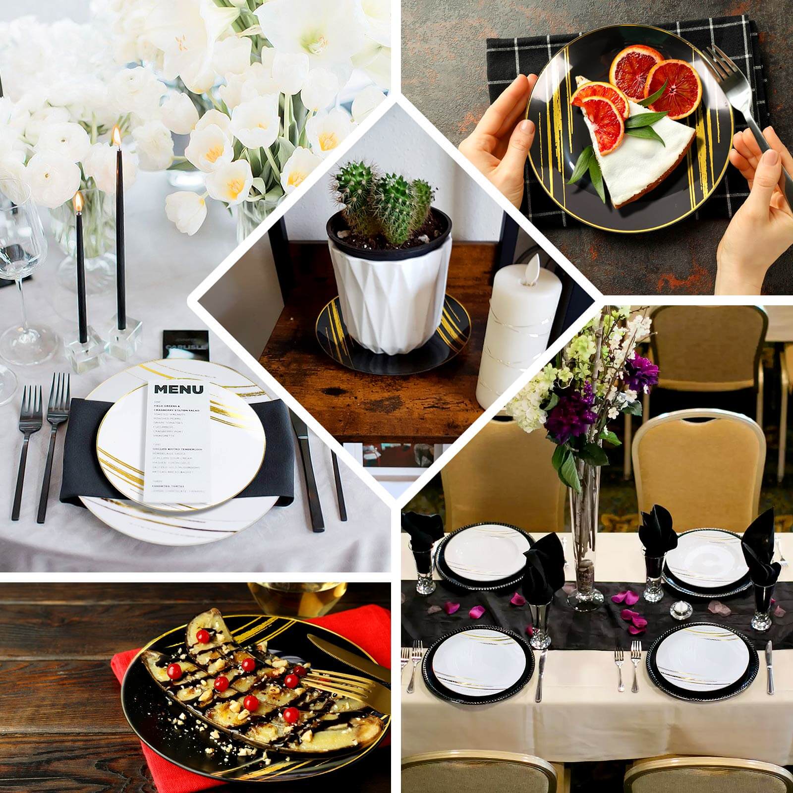 10-Piece Set of Disposable Black Plastic Dessert Plates with Gold Brush Print for Modern Events
