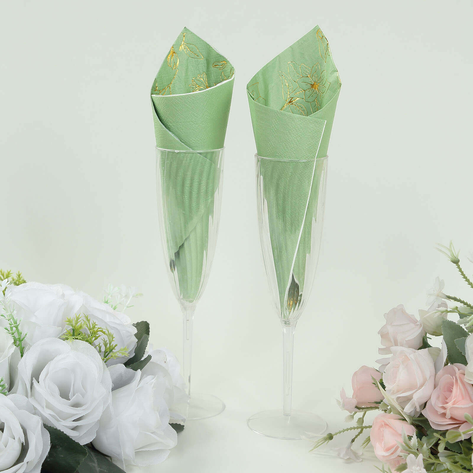 50-Pack Premium 2-Ply Absorbent Soft Paper Cocktail Napkins with Gold Magnolia Print in Sage Green