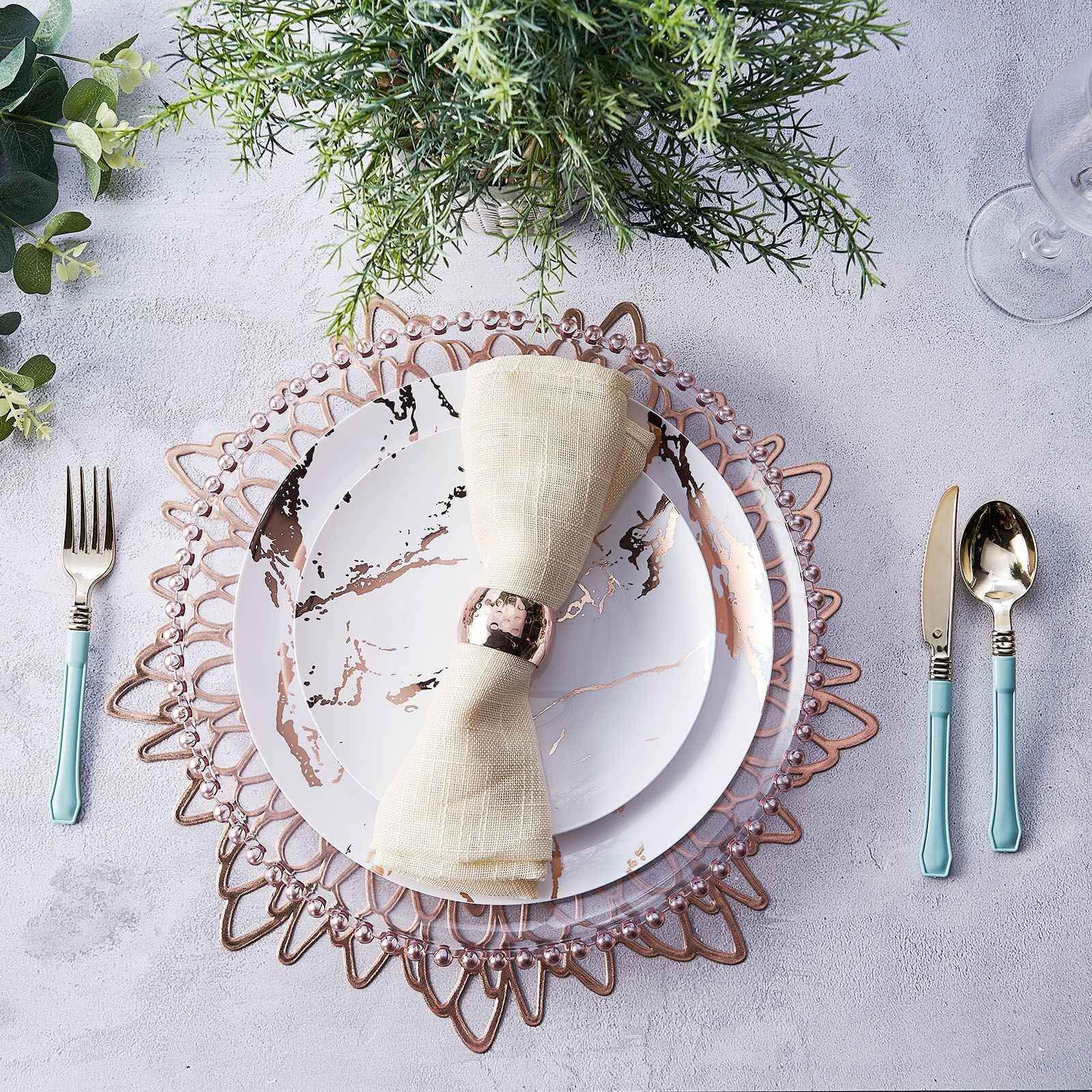 6-Piece Rose Gold Floral Round Non-Slip Vinyl Dining Table Mats, 15 Inches