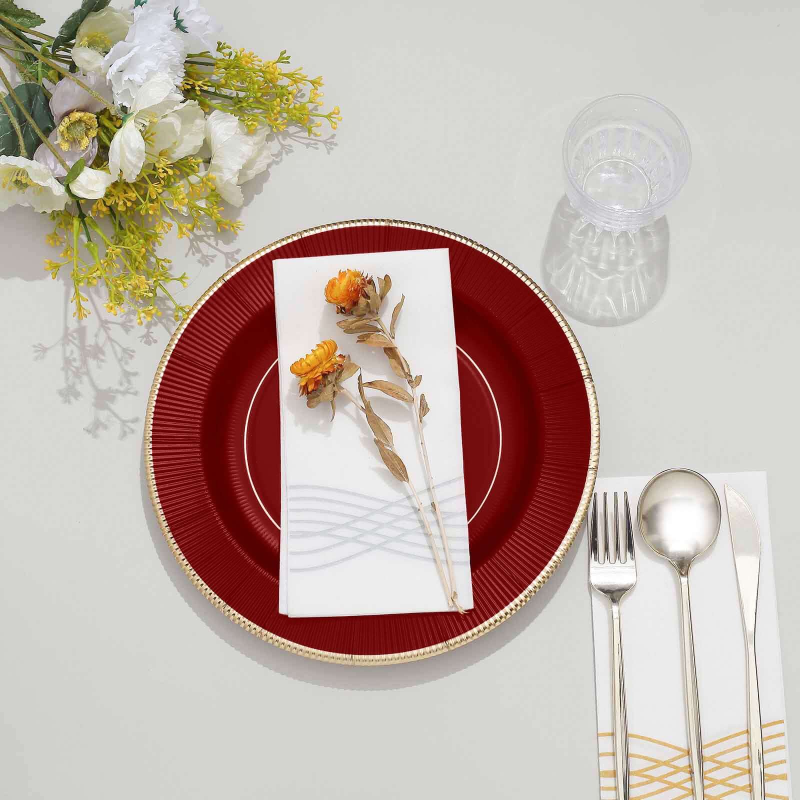 25-Pack Disposable Heavy Duty 350GSM Paper Round Dinner Plates in Burgundy Sunray Design with Gold Rim - Perfect for Parties