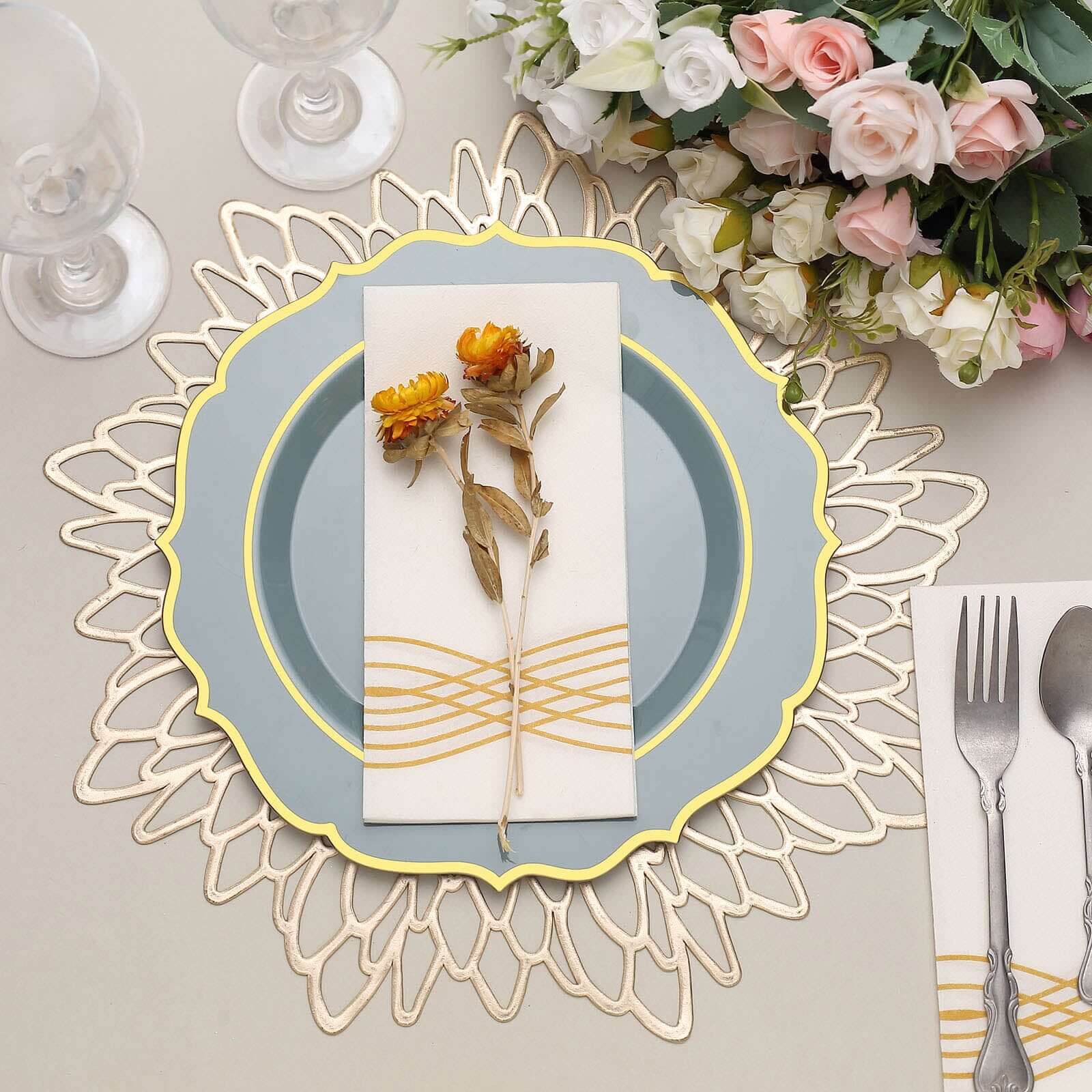 Get 10-Pack of Disposable Dusty Blue Plastic Round Dinner Plates with Gold Scalloped Rims for Party