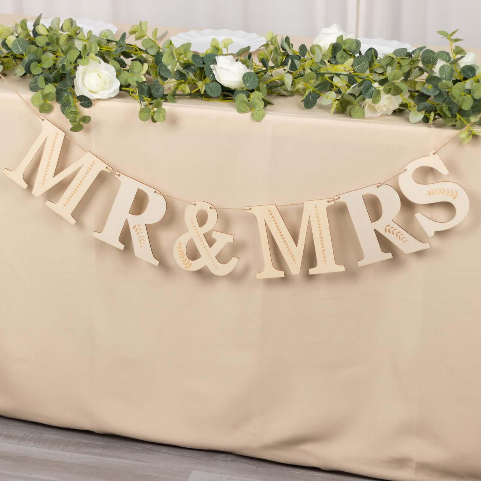 10ft Handmade Natural Pre - Strung Mr & Mrs Wooden Letter Banner with Rustic Botanical Design for Anniversaries